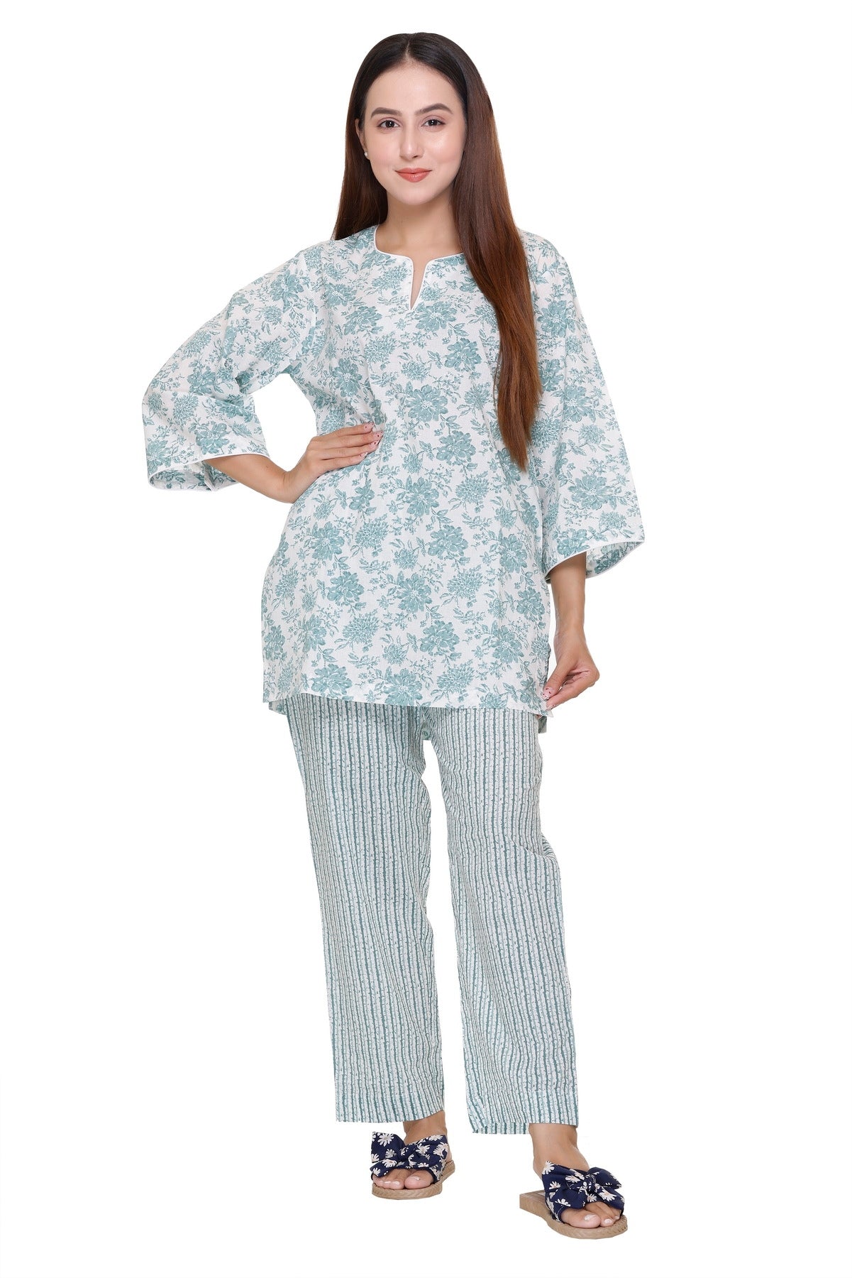 Sea Green Floral Printed Night Suit