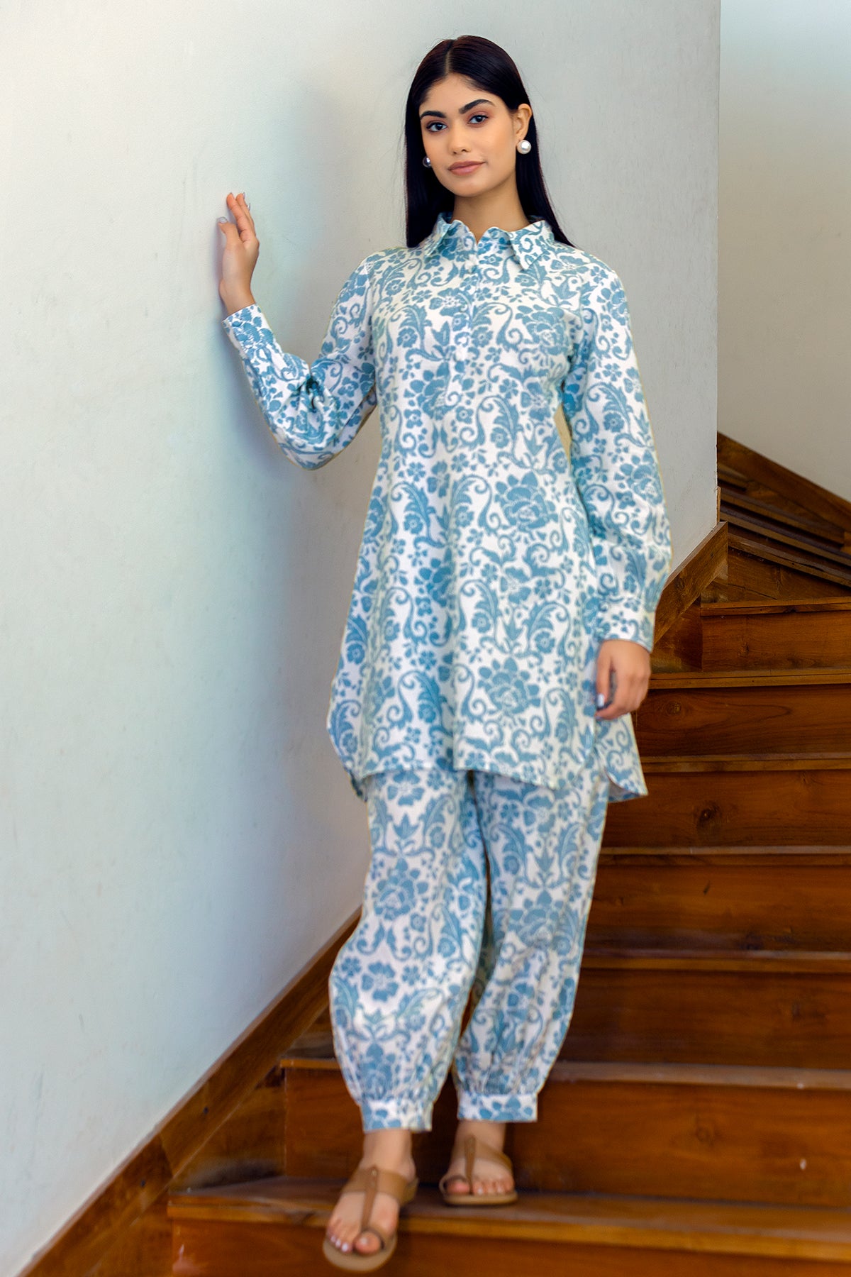 Blue Floral Print Cotton Linen Coord Set