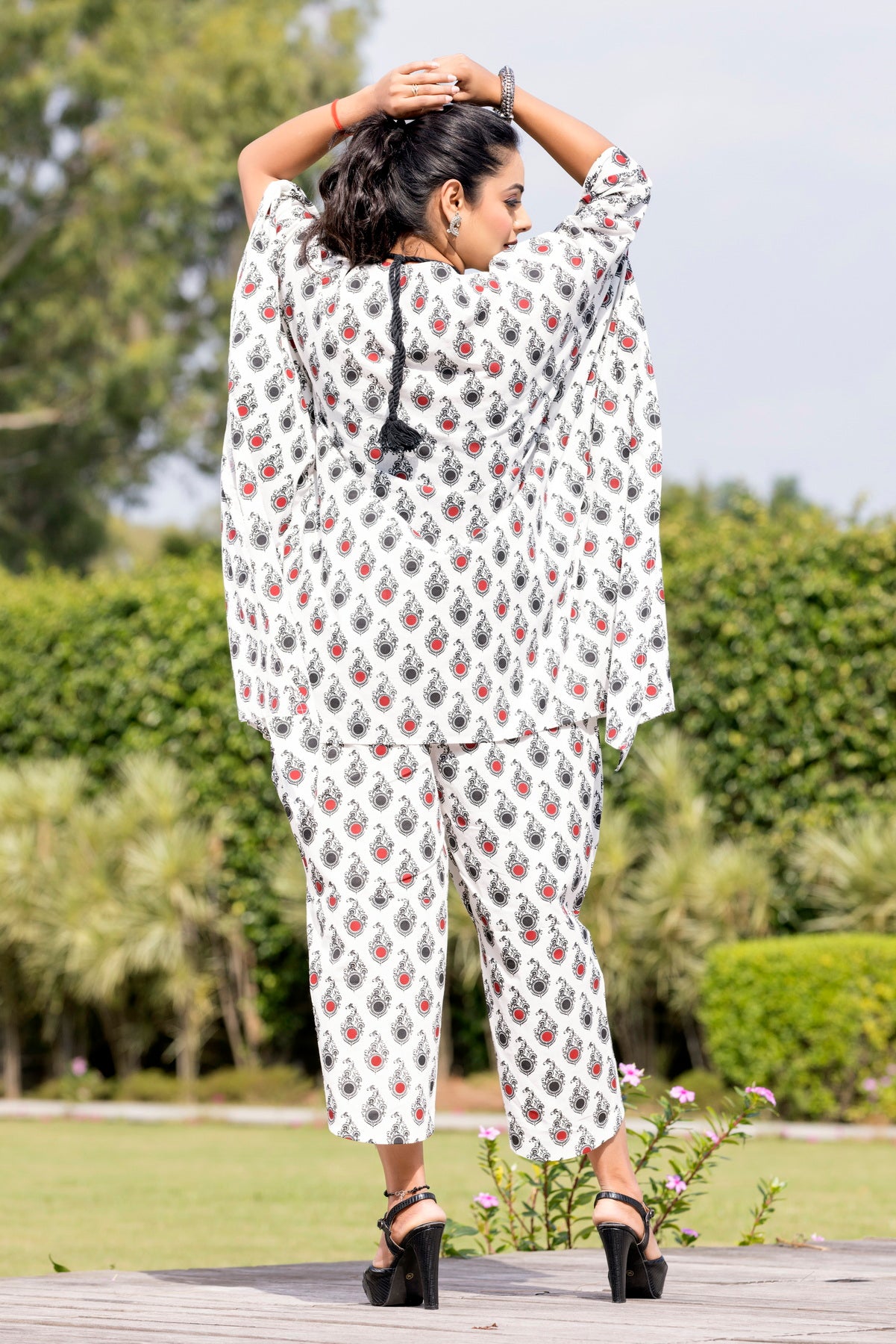 White Kaftan Style Printed Coordset