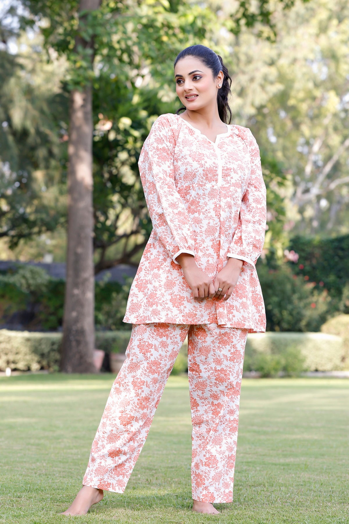 Orange Flower printed Night suit