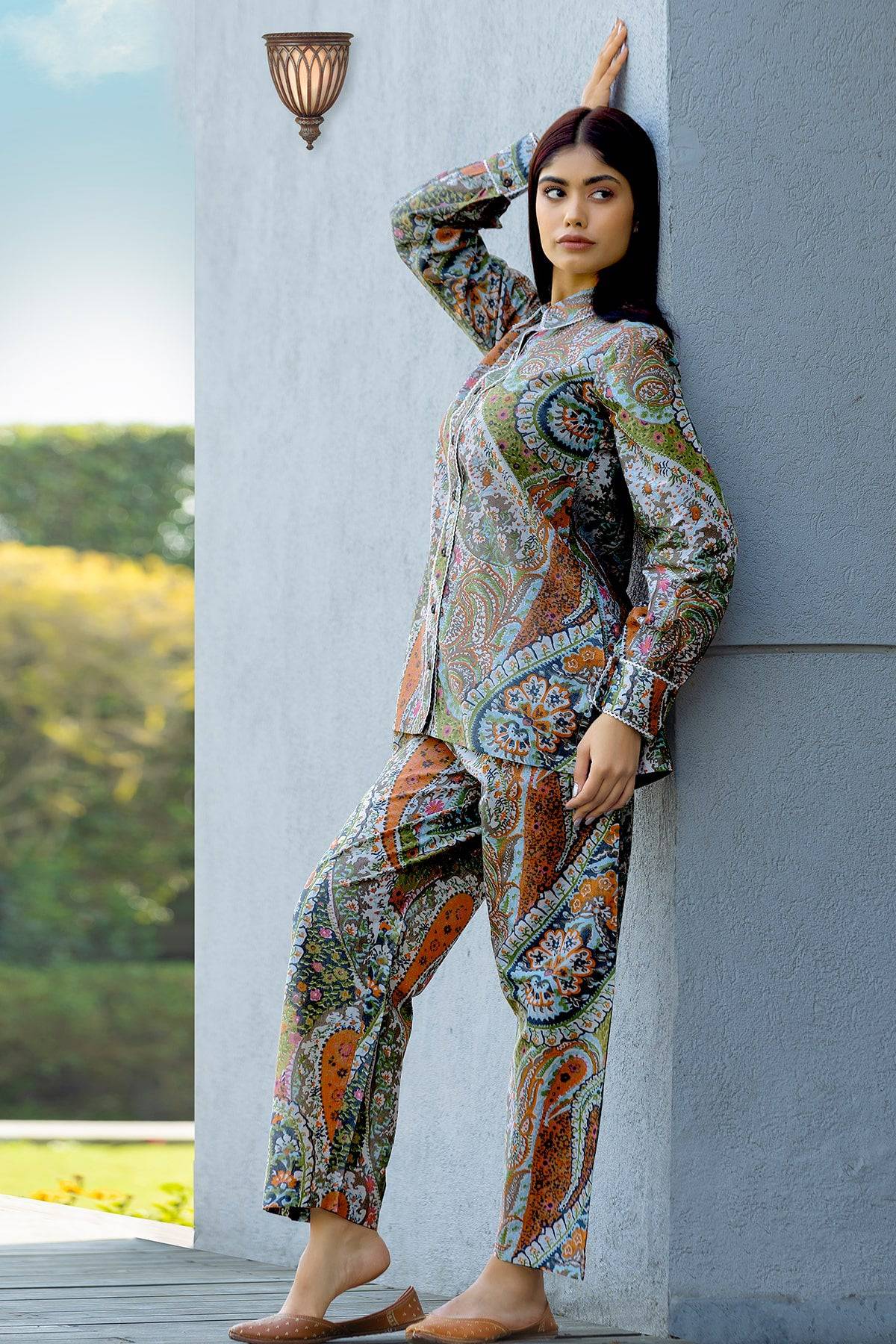 Linen Paisley Multi Color Printed Co-ord Set - Visramaa