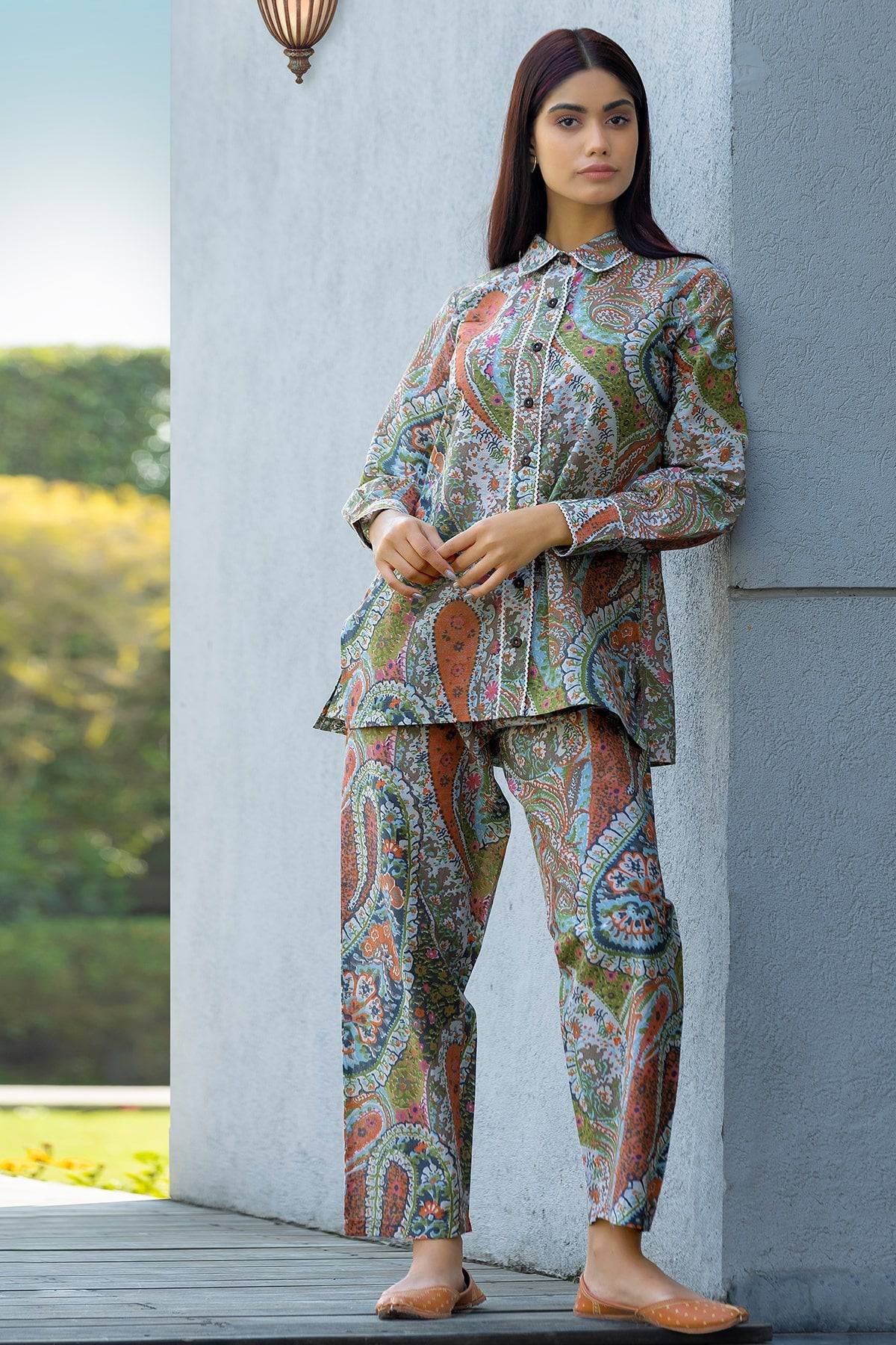 Linen Paisley Multi Color Printed Co-ord Set - Visramaa