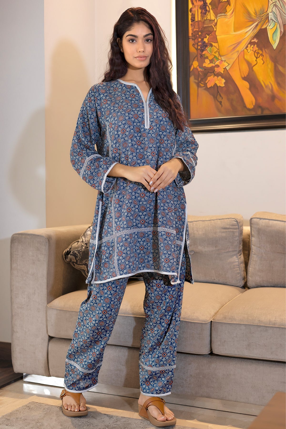 Blue Red Ajrak Print Coord Set