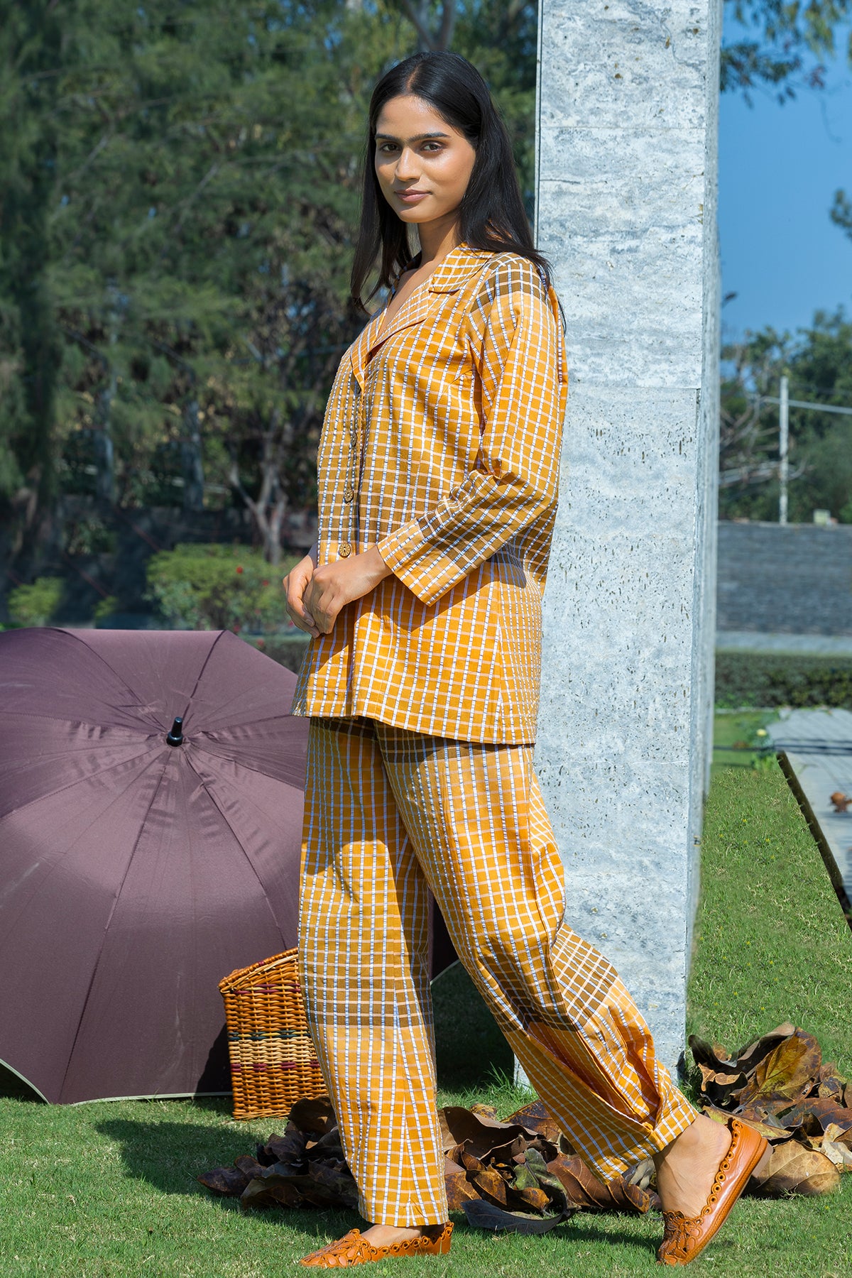 Double shade Yellow Brown Check Coord Set