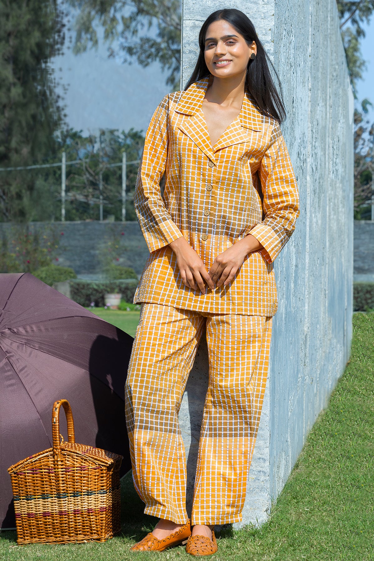 Double shade Yellow Brown Check Coord Set