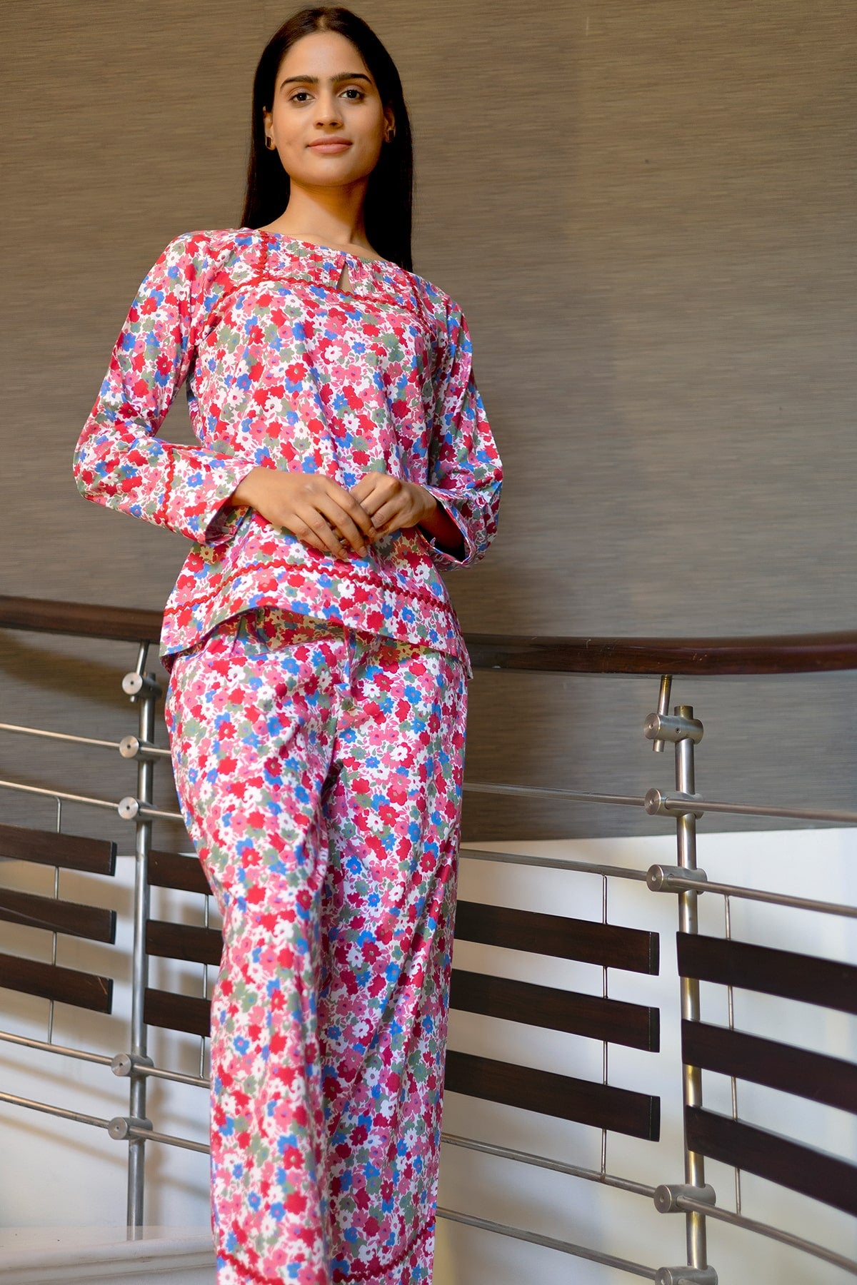 Pink Floral Printed Night Suit