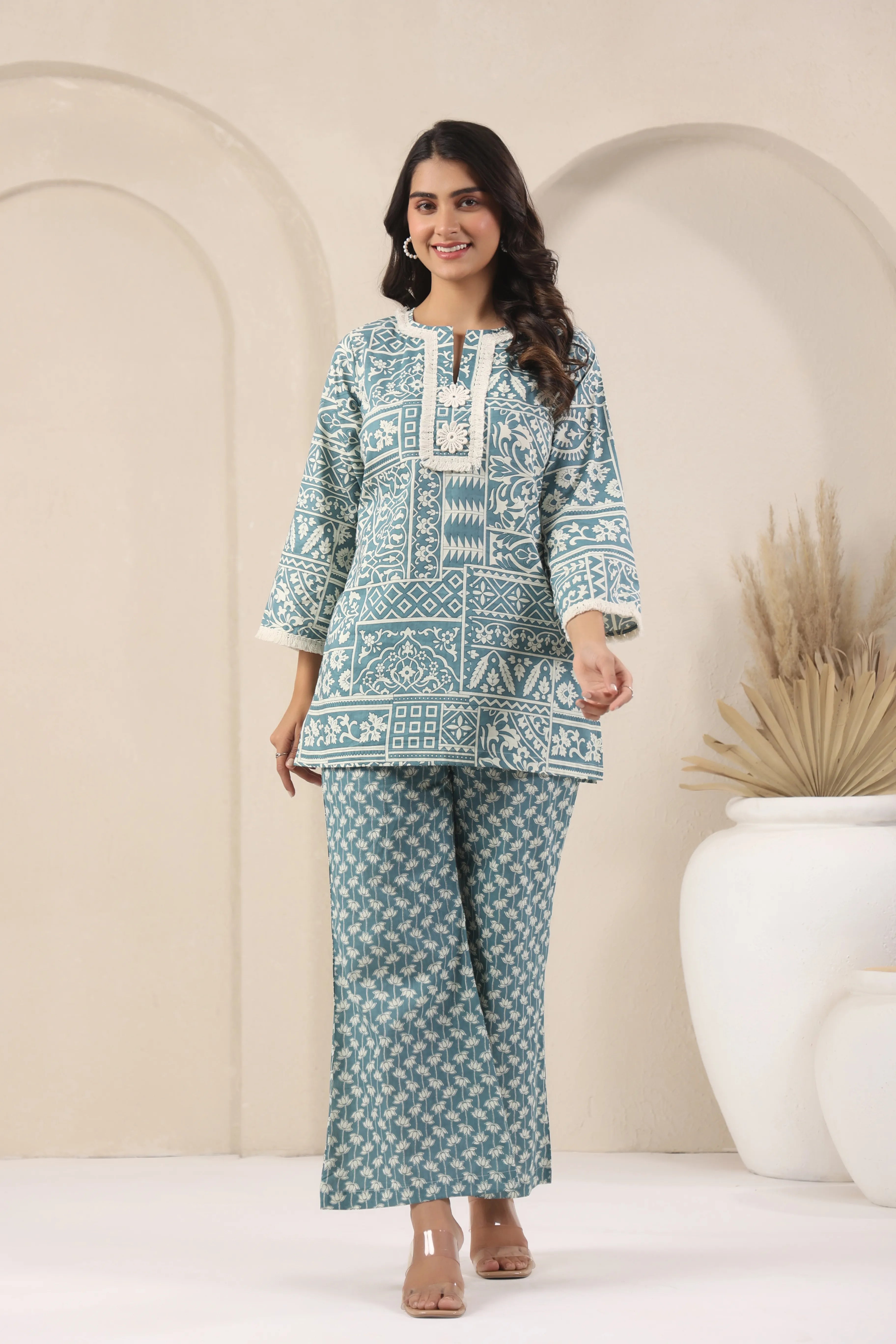 Teal Blue Block Print Co-Ord Set - Visramaa