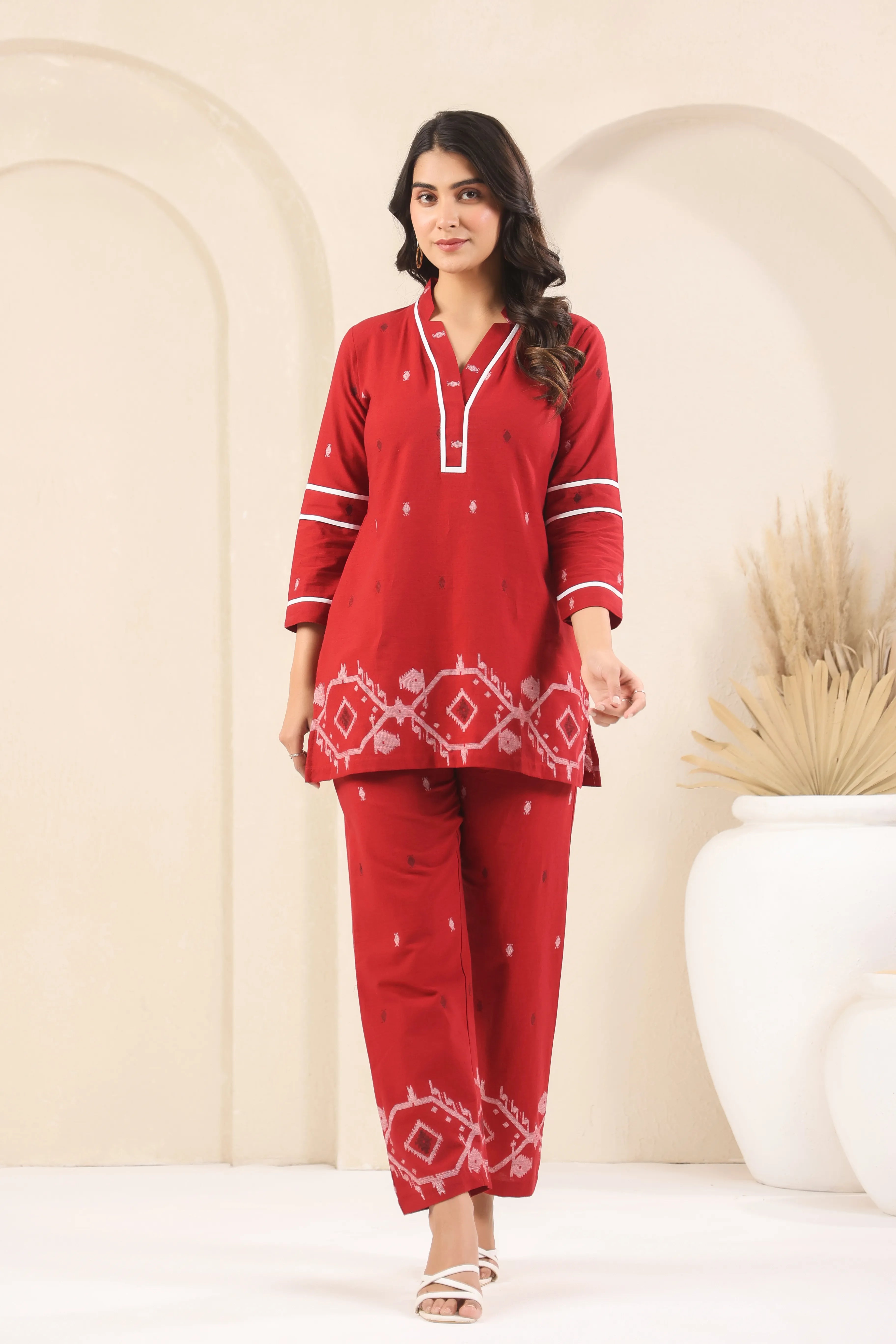 Garnet Red Woven Co-Ord Set - Visramaa