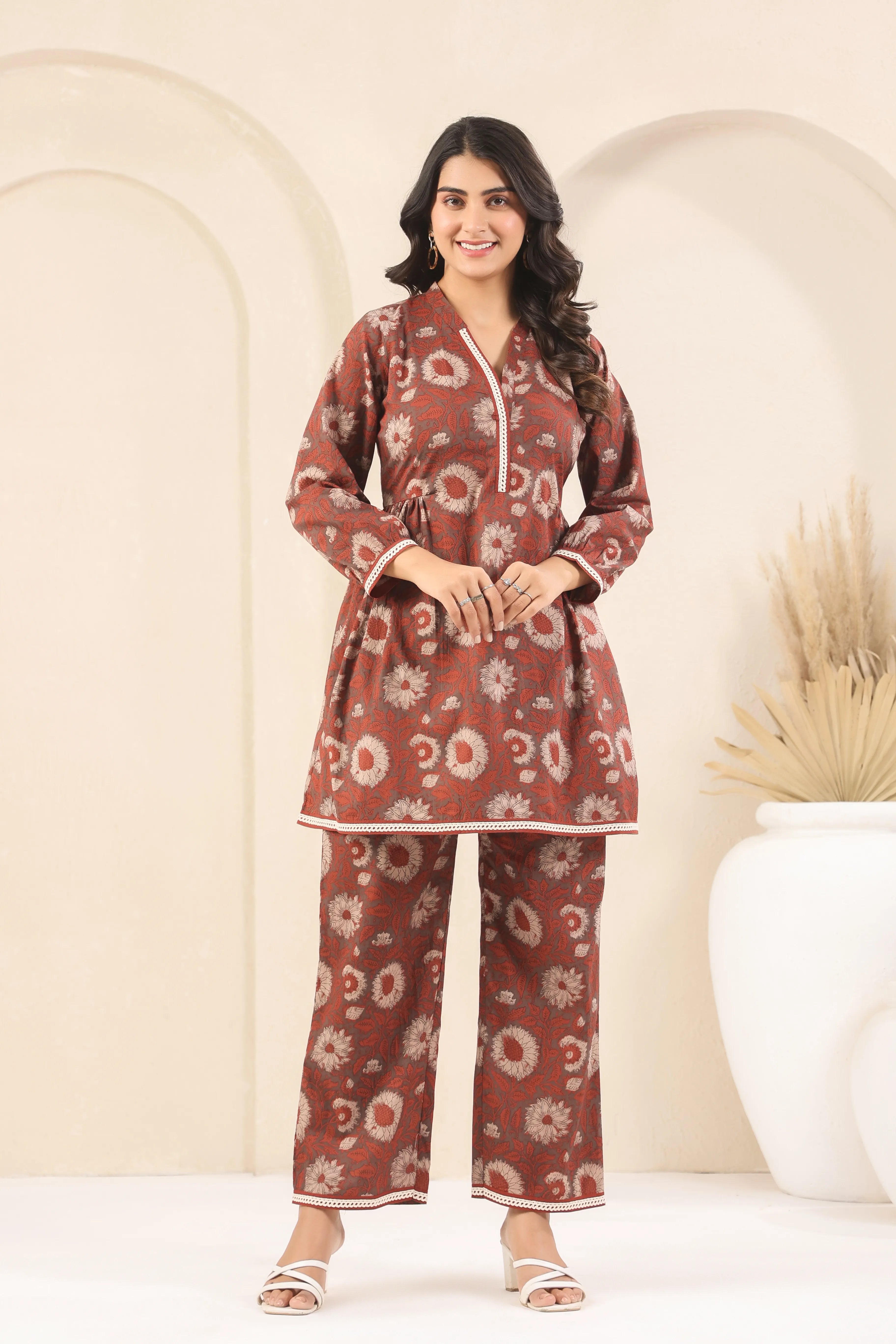 Brick Rust Sanganeri Print Co-Ord Set - Visramaa