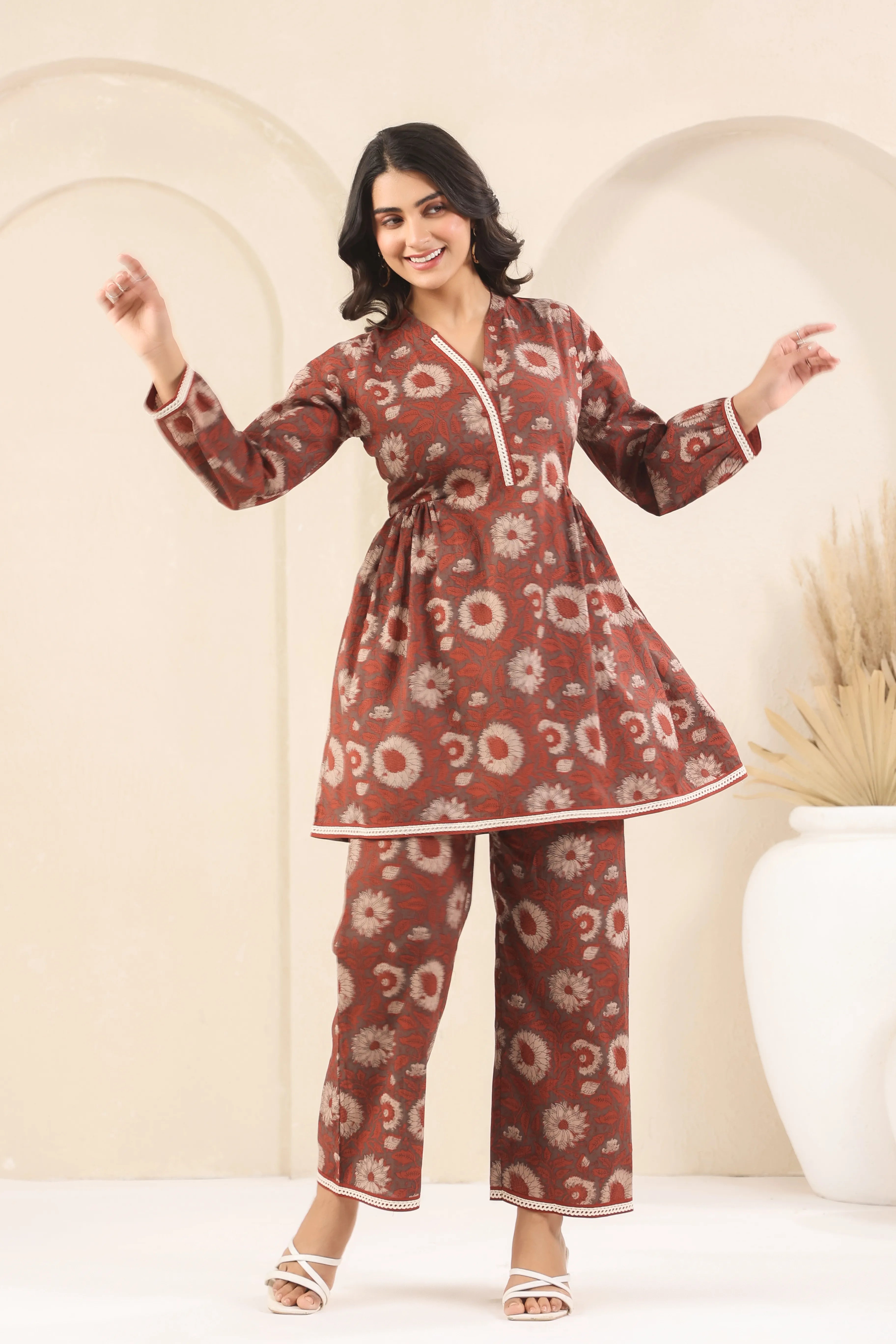 Brick Rust Sanganeri Print Co-Ord Set - Visramaa