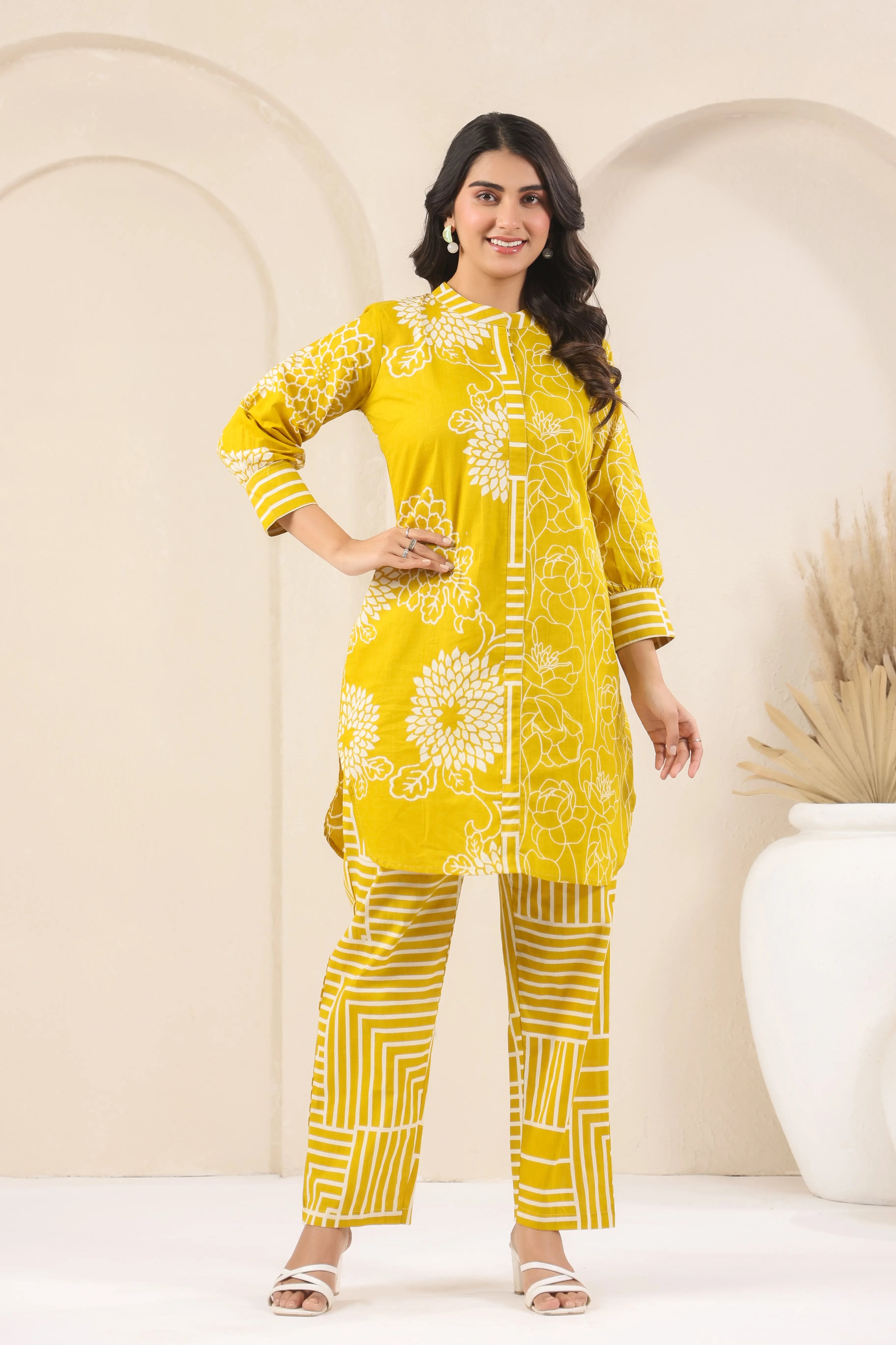 Lemon Yellow Block Print Co-Ord Set - Visramaa