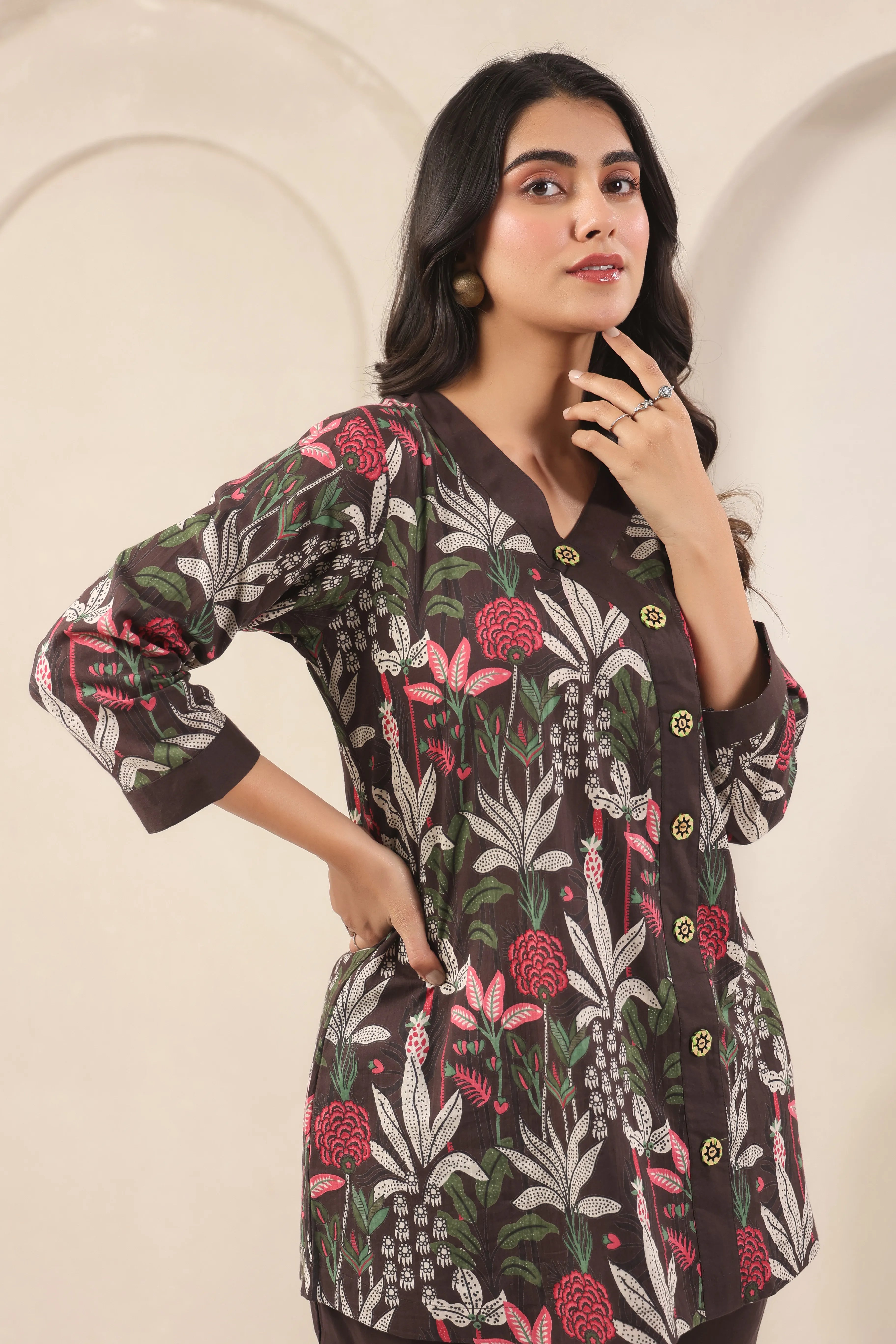 Dark Brown Floral Print Co-Ord Set - Visramaa