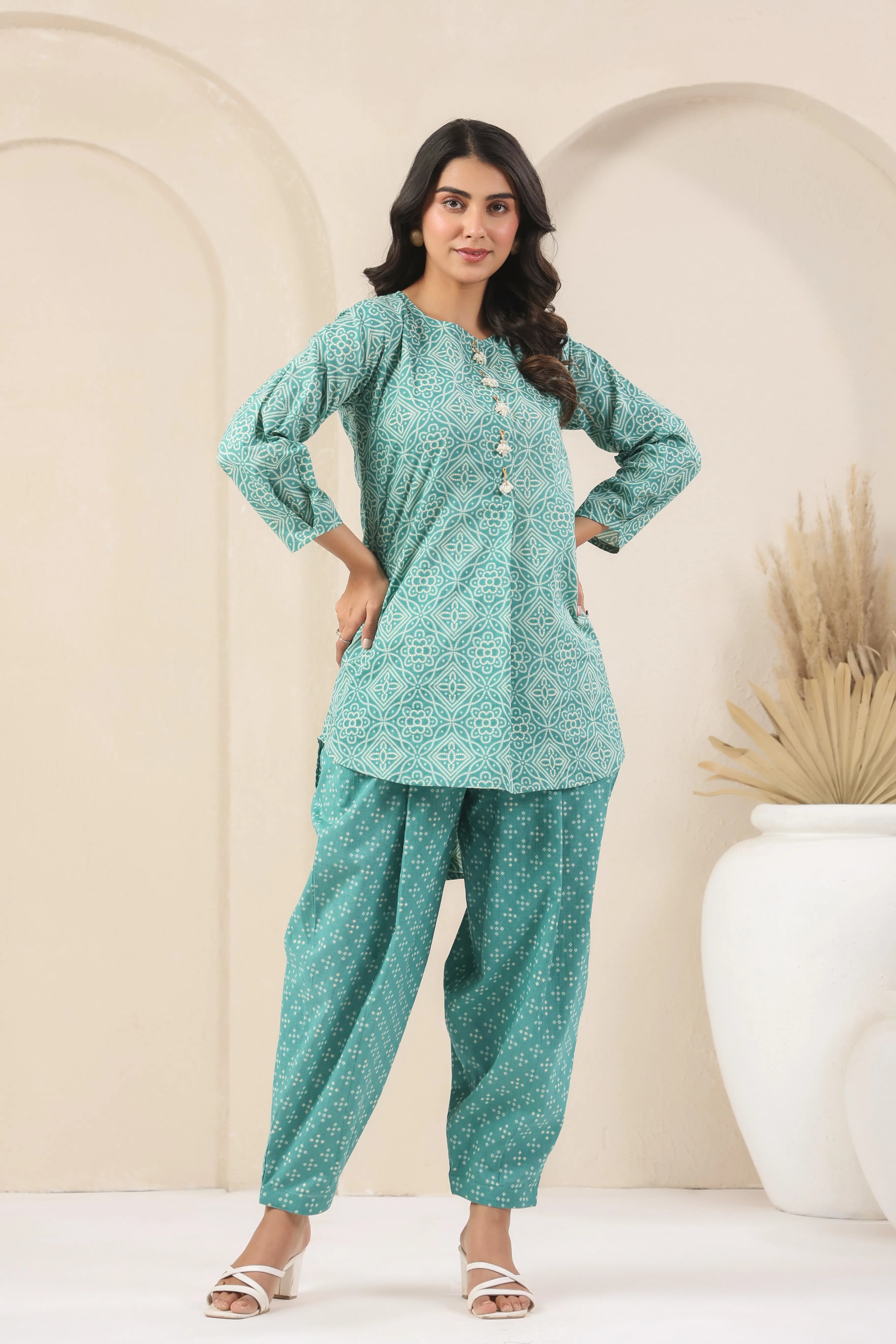 Teal Blue Bandhani Print Co-Ord Set - Visramaa