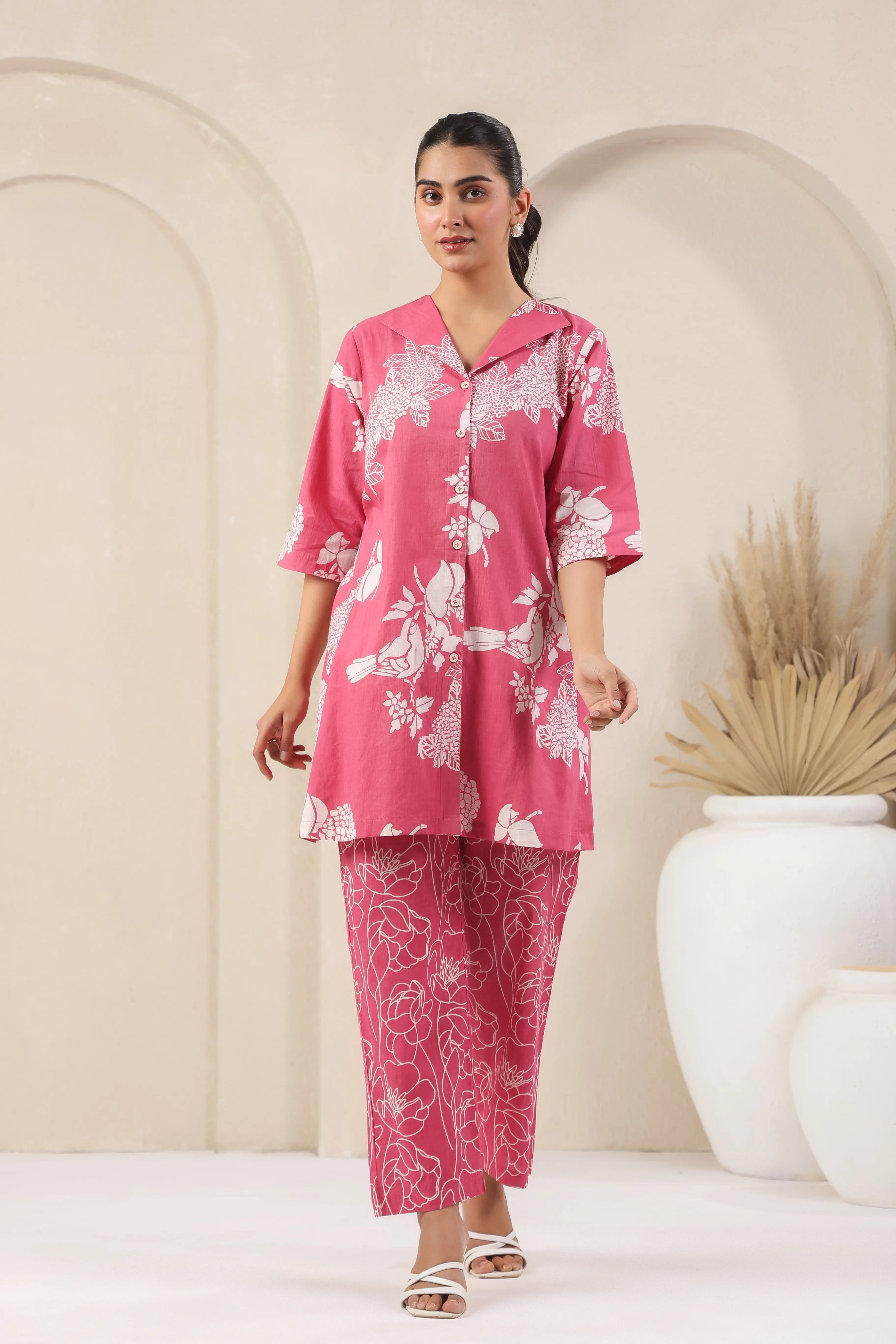 Rose Pink Printed Co-Ord Set With Collar - Visramaa