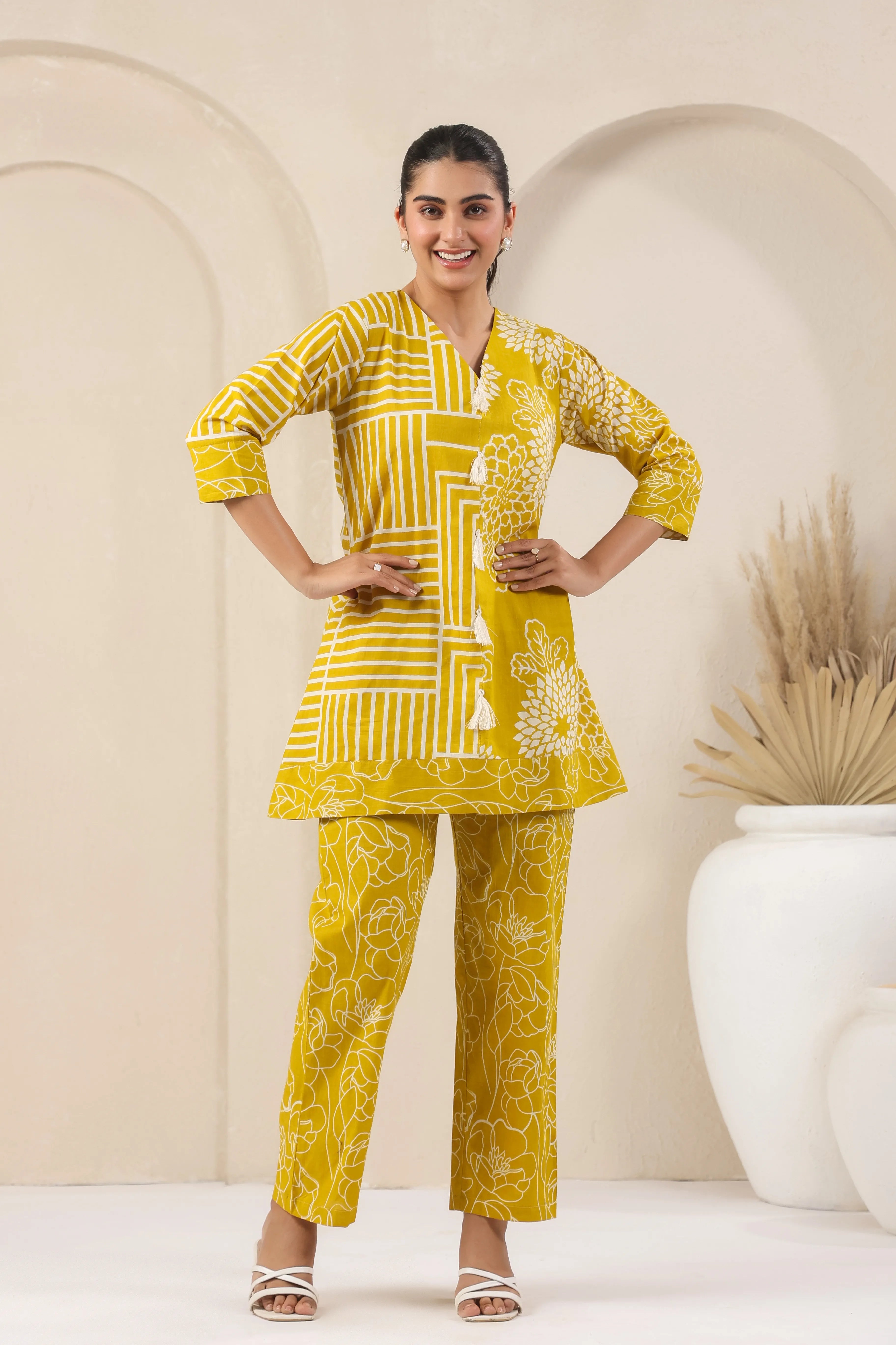 Line Yellow Printed Co-Ord Set Tassels - Visramaa