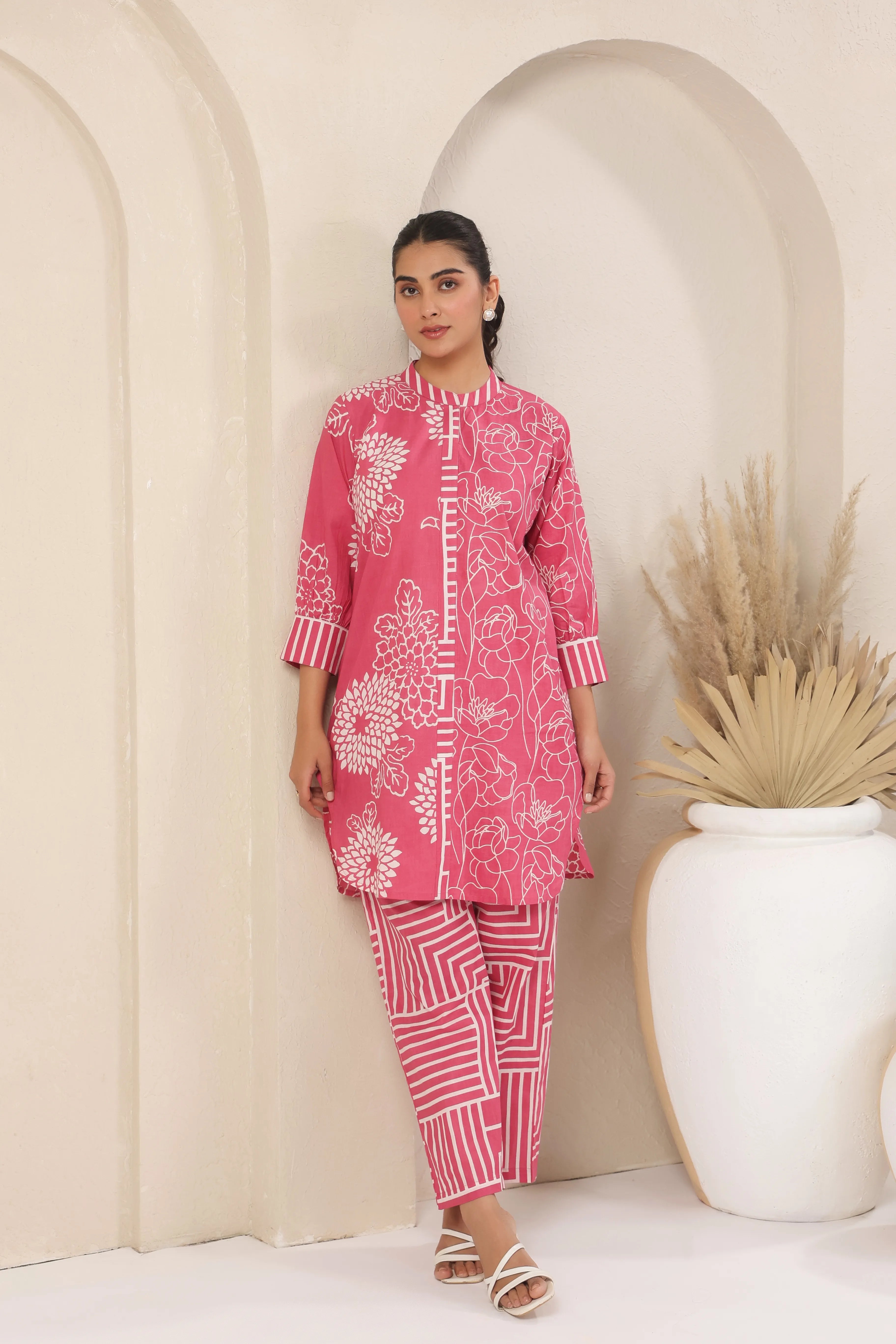 Rose Pink Block Print Co-Ord Set - Visramaa