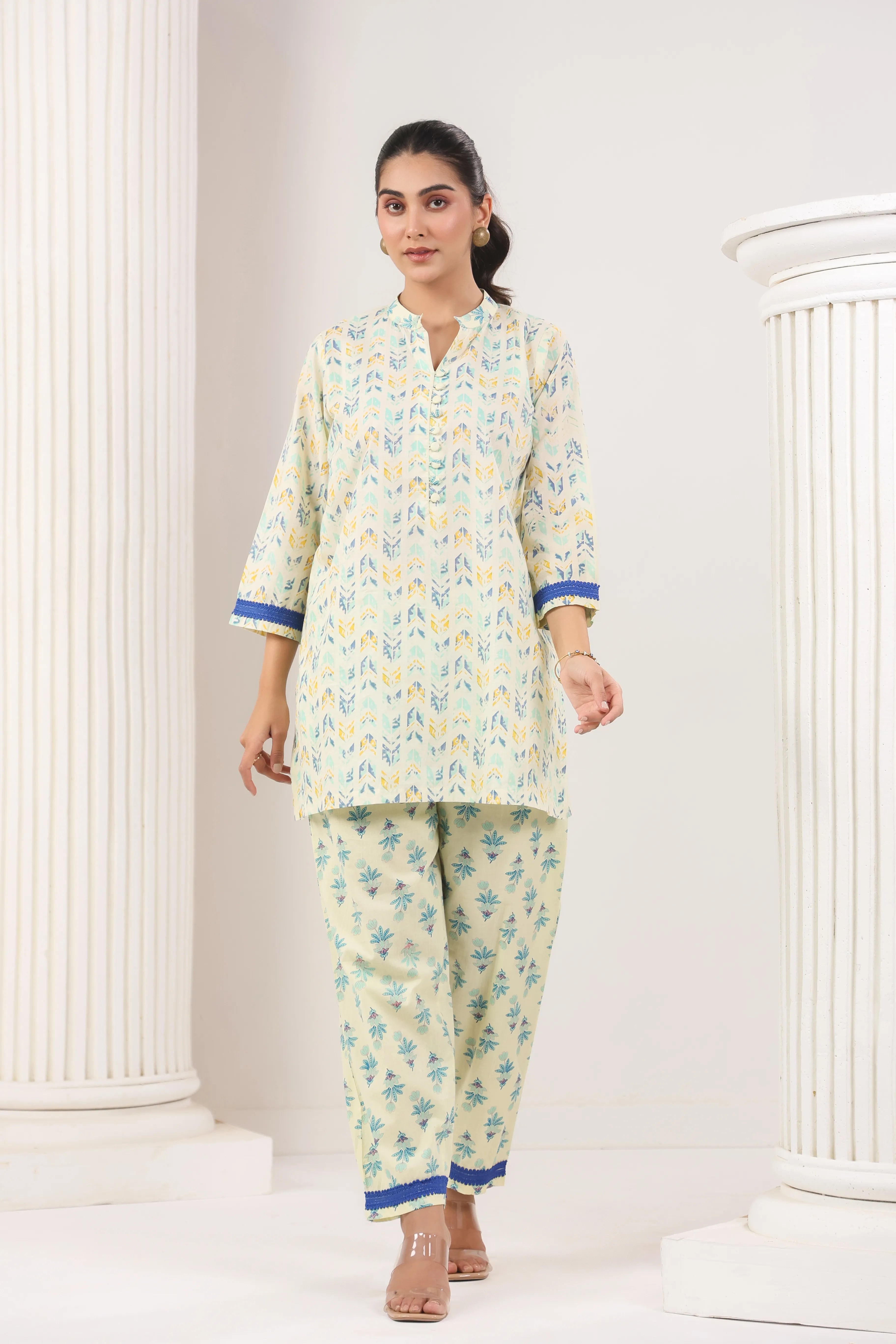 Light Yellow & Royal Blue Co-Ord Set - Visramaa