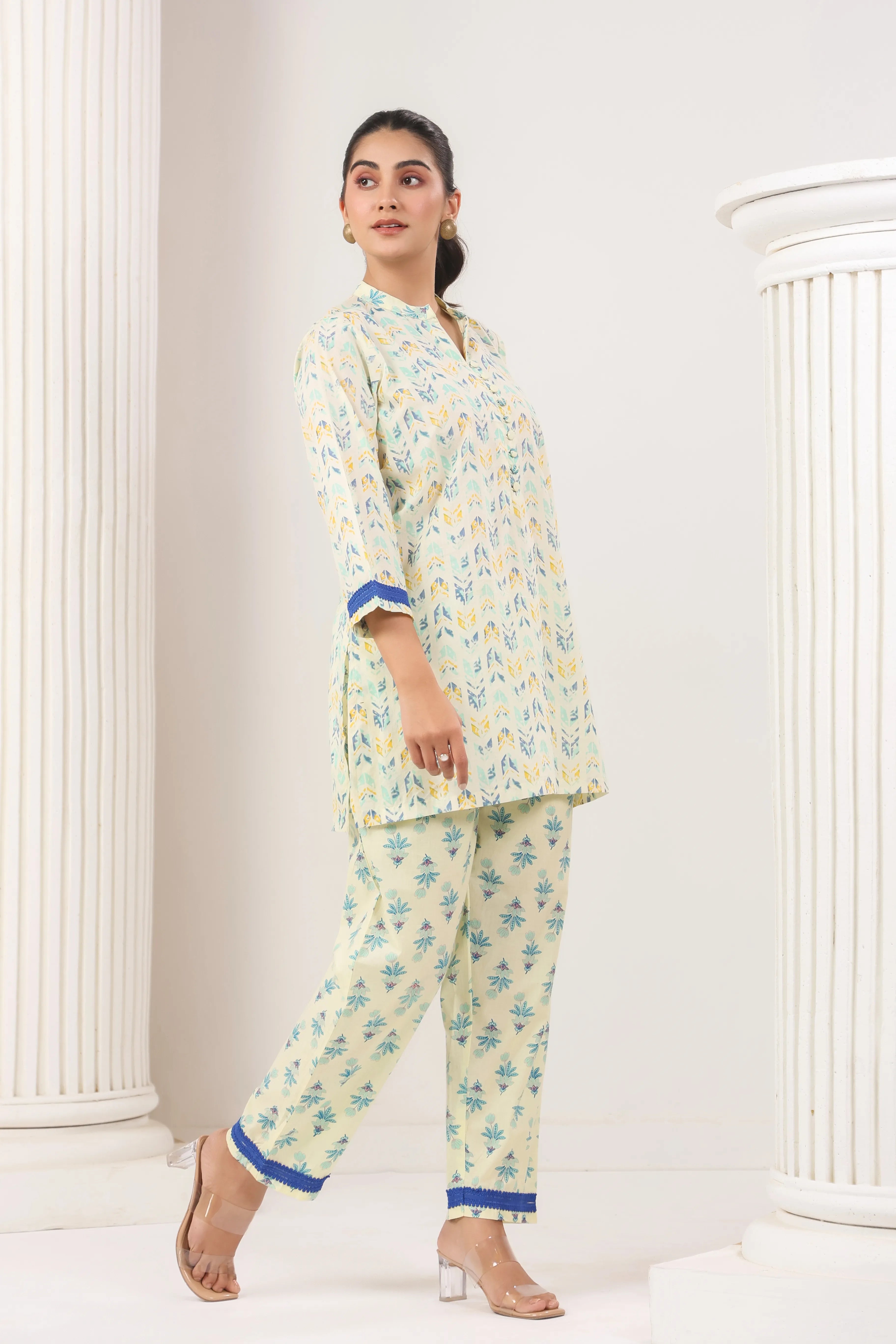 Light Yellow & Royal Blue Co-Ord Set - Visramaa