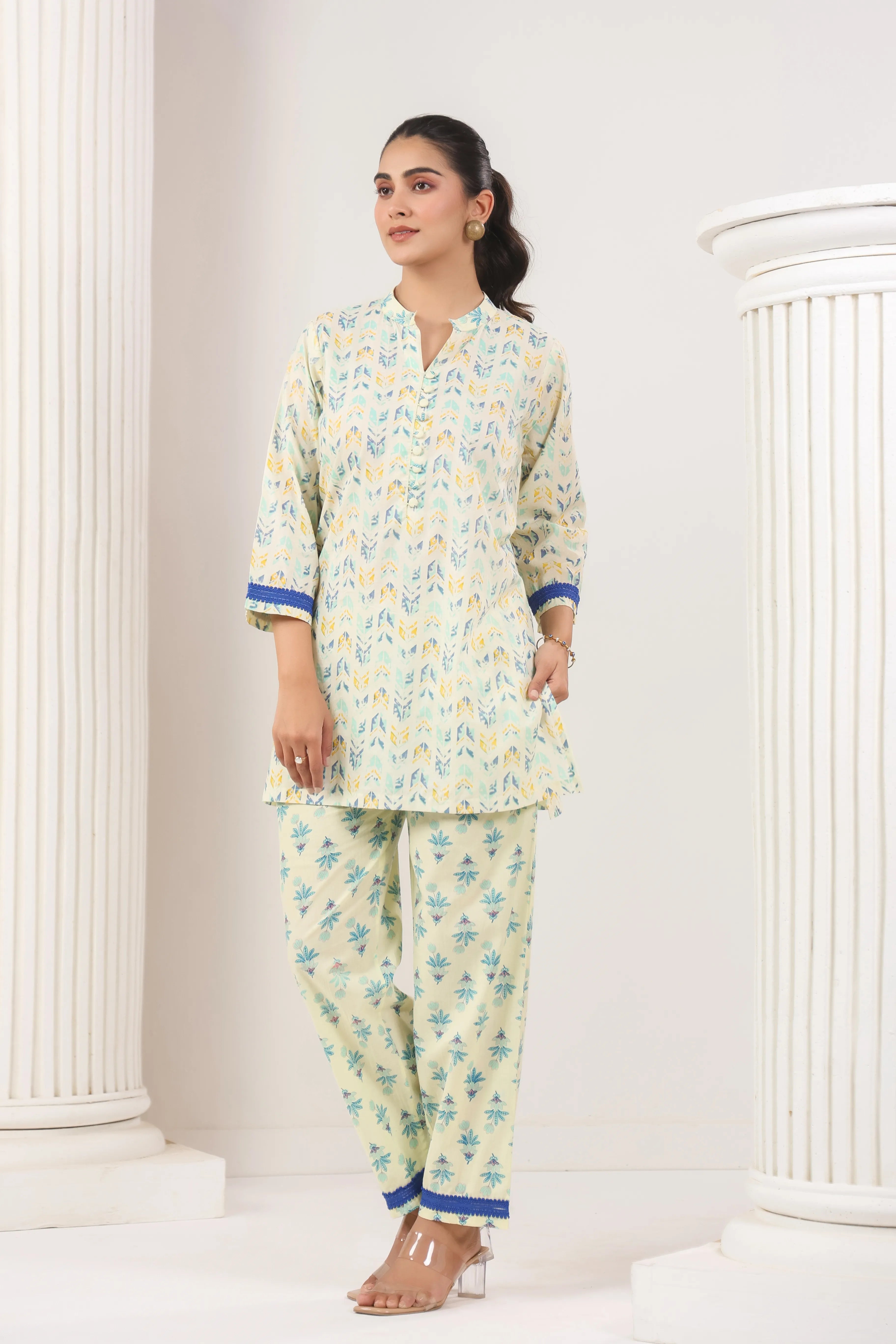 Light Yellow & Royal Blue Co-Ord Set - Visramaa