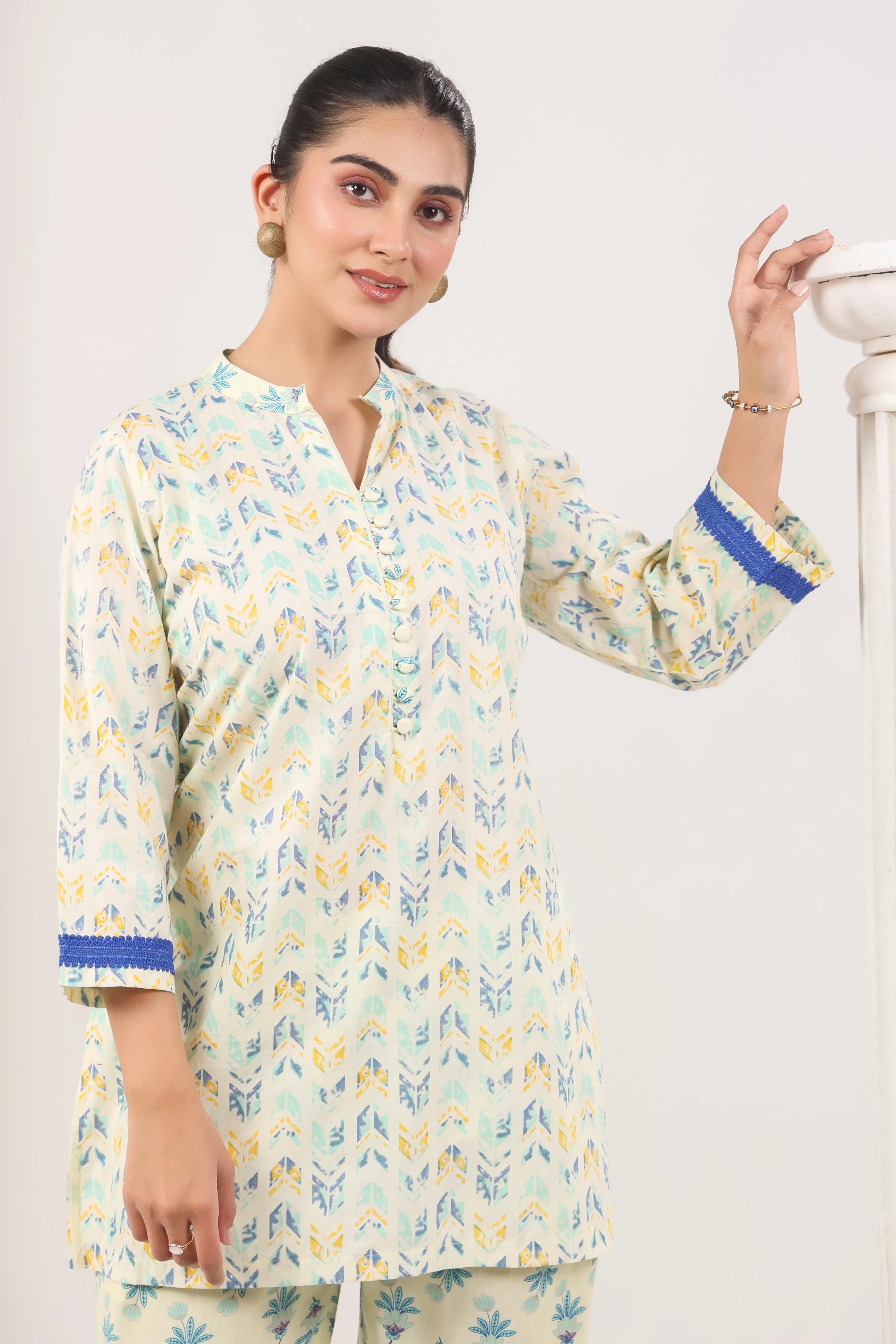 Light Yellow & Royal Blue Co-Ord Set - Visramaa