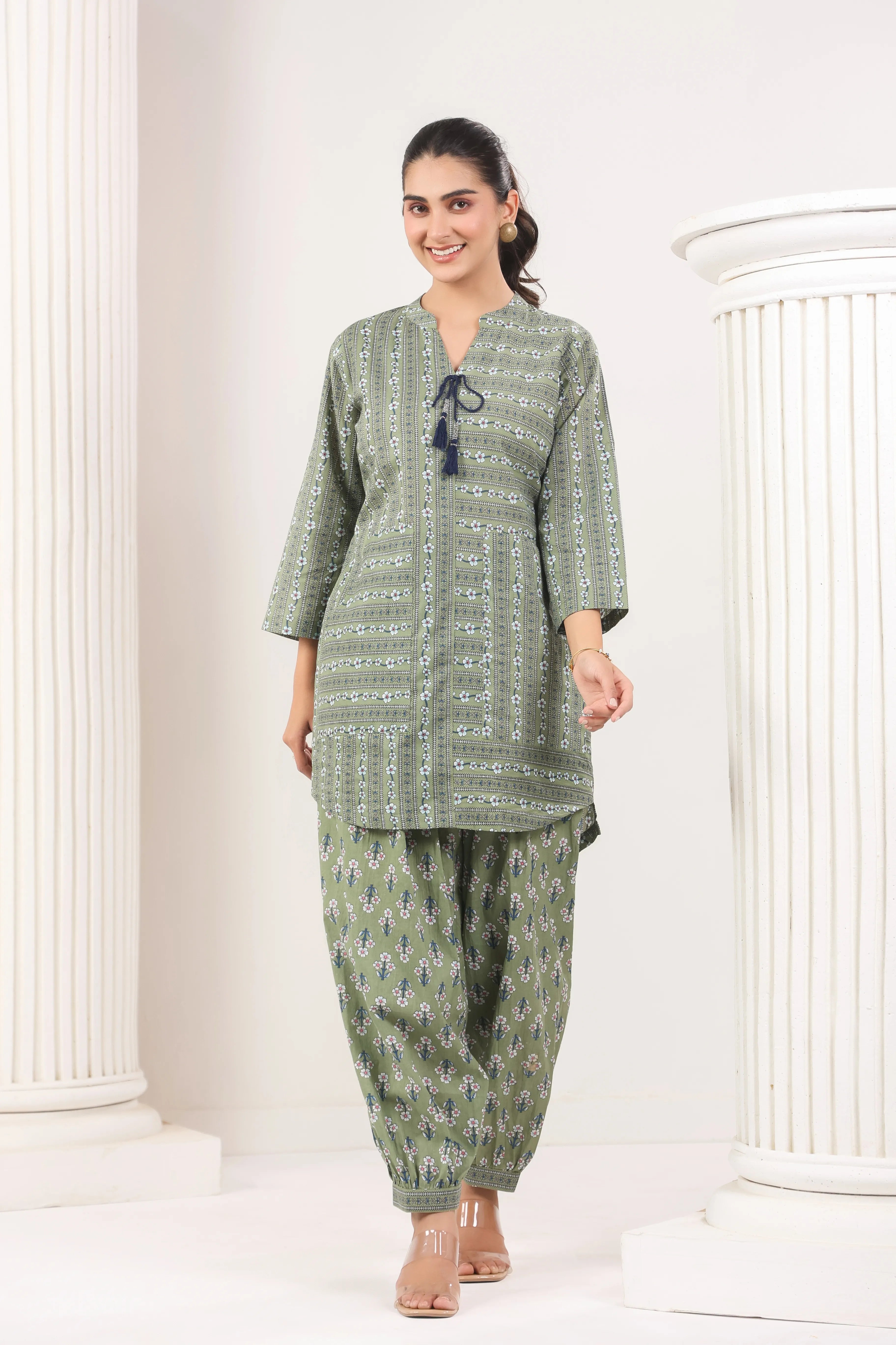 Sage Green Sanganeri Print Co-Ord Set - Visramaa