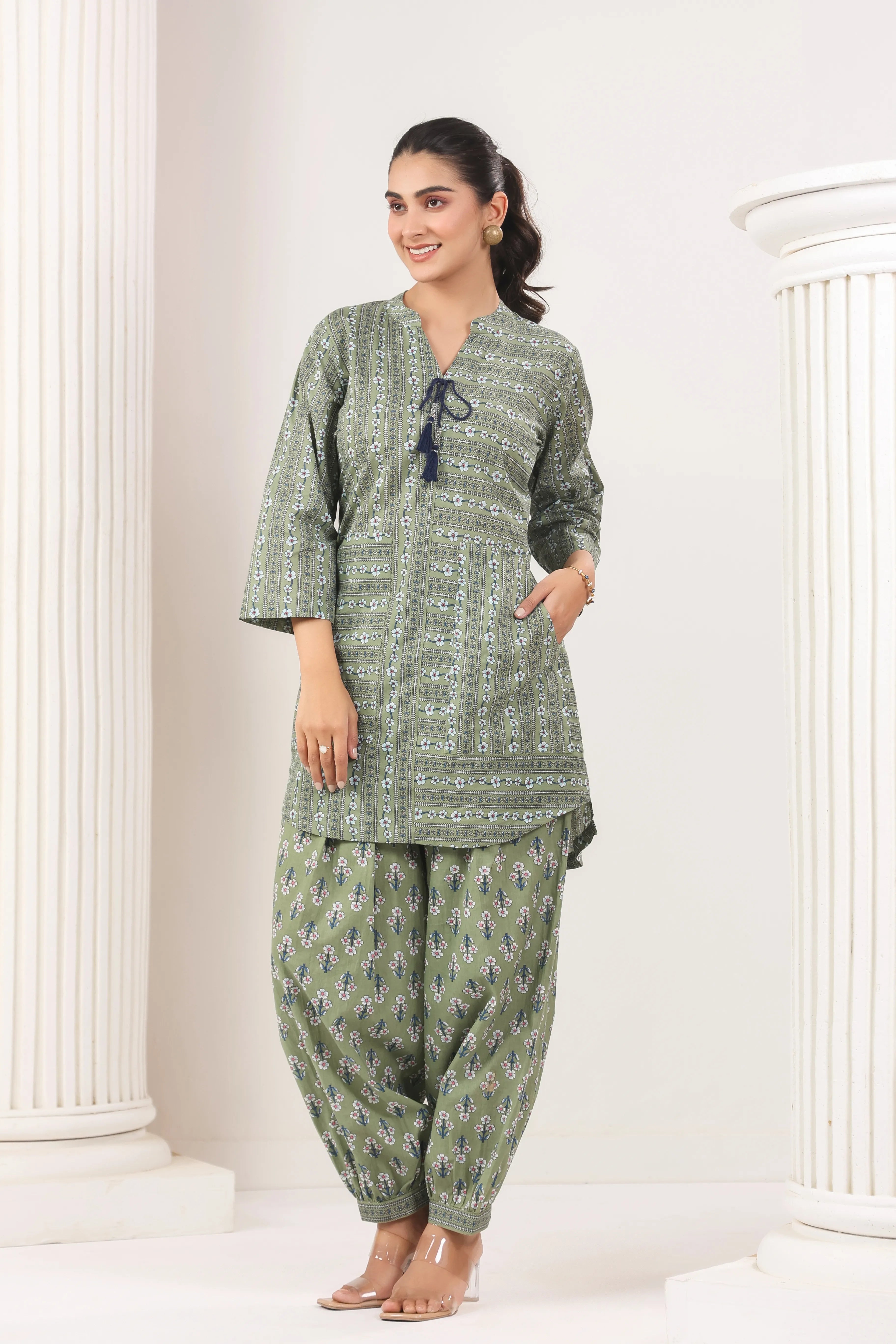 Sage Green Sanganeri Print Co-Ord Set - Visramaa