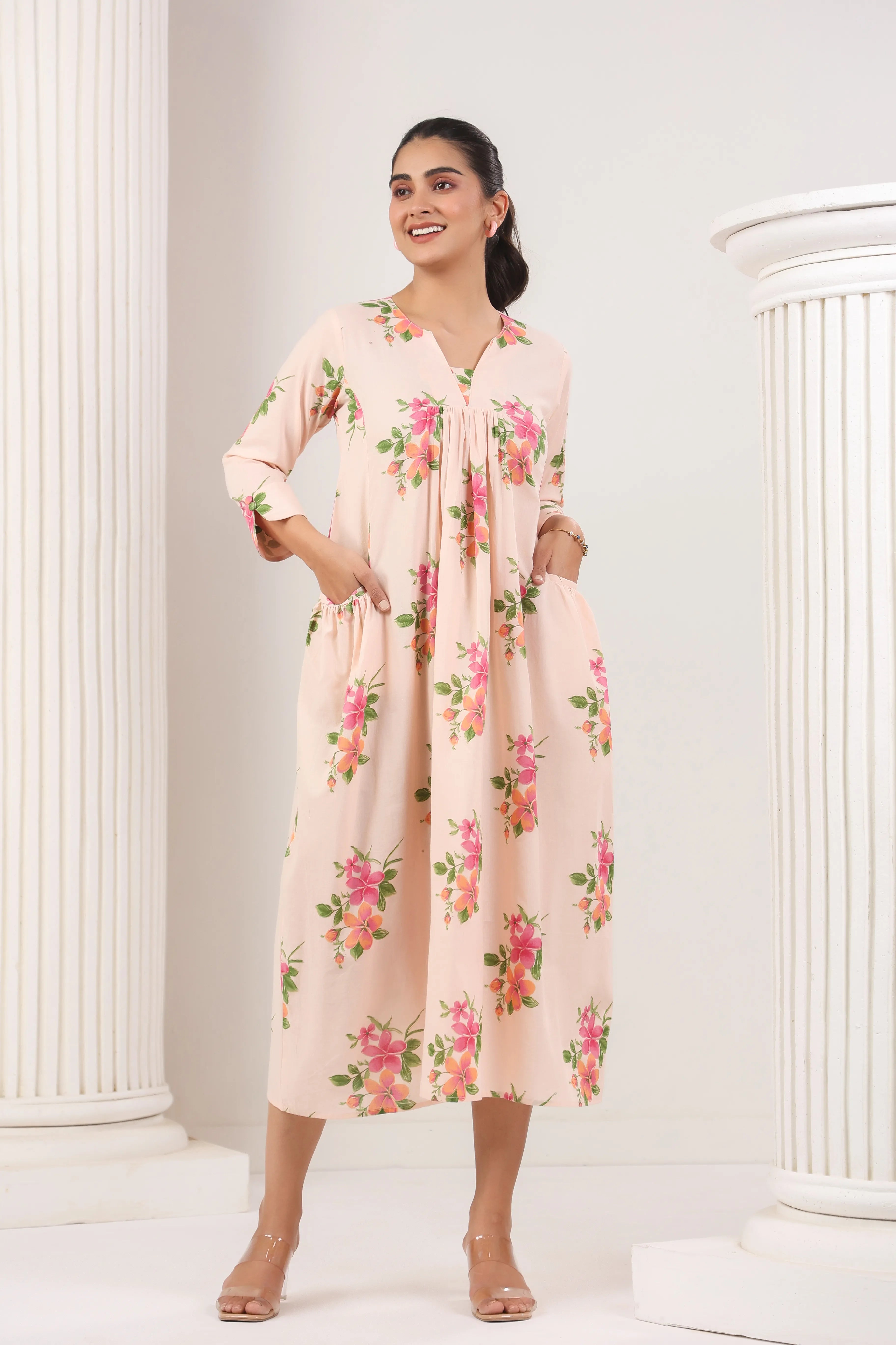 Light Pink Floral Print Dress - Visramaa