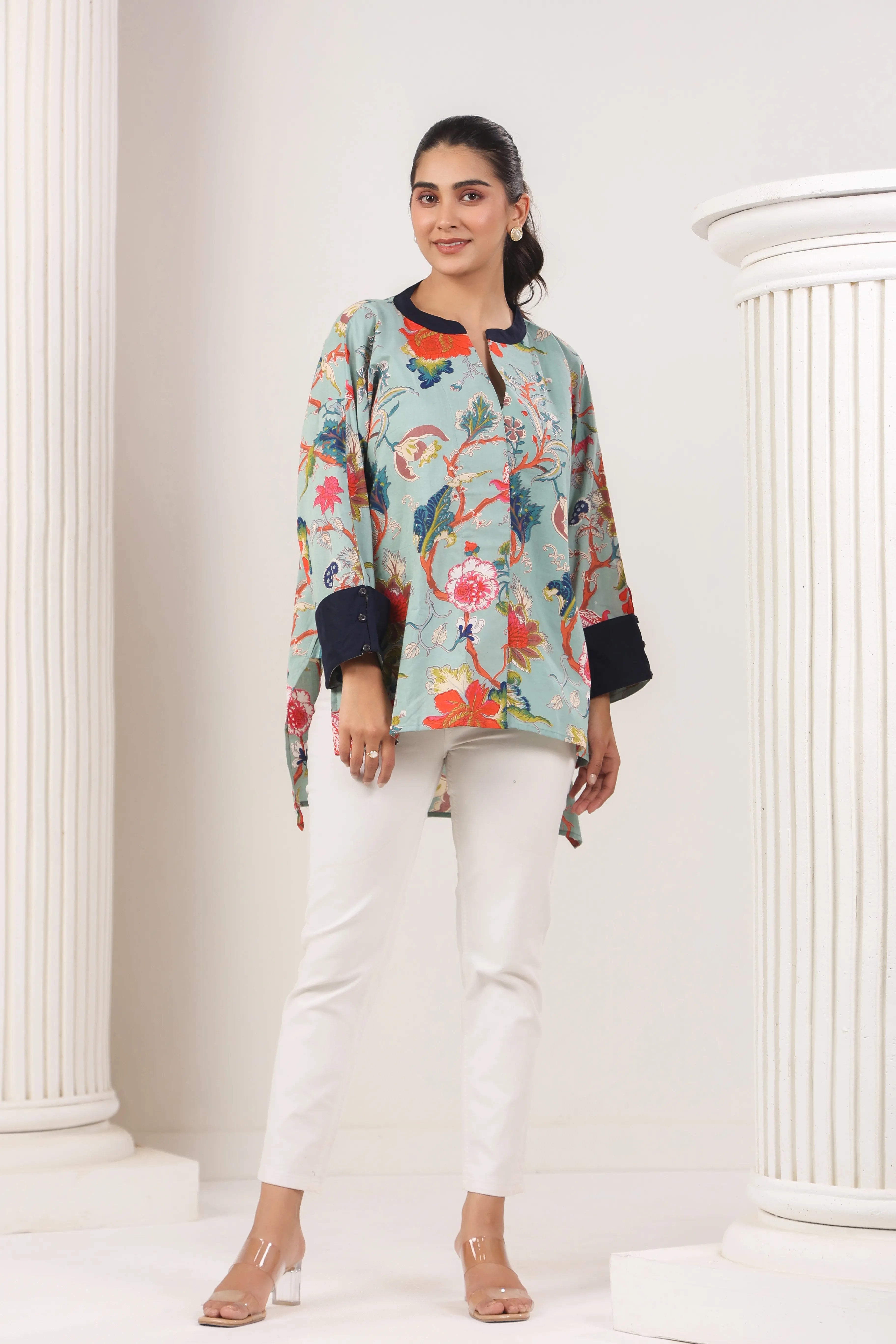 Teal Blue Floral Print Antifit Shirt - Visramaa