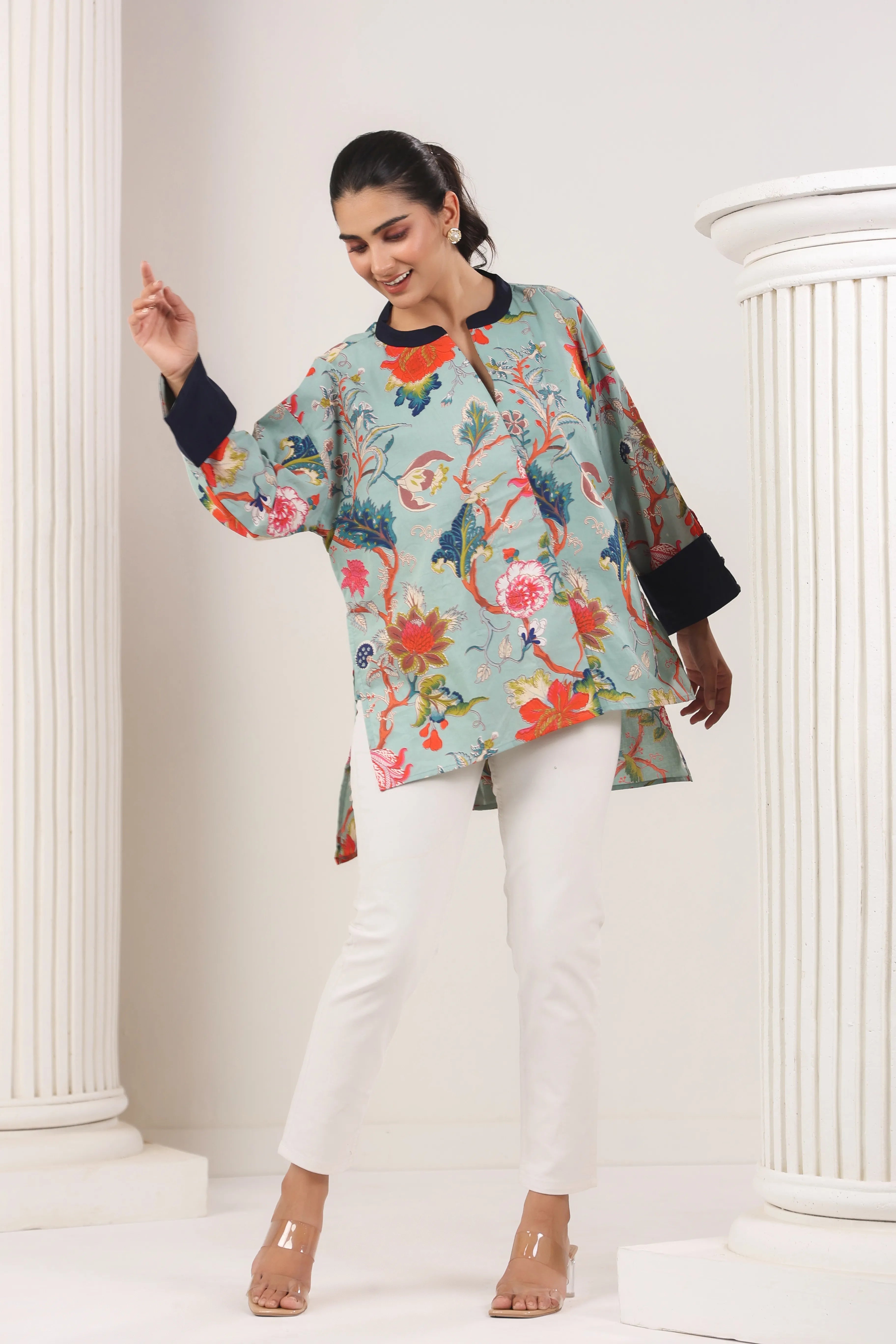 Teal Blue Floral Print Antifit Shirt - Visramaa