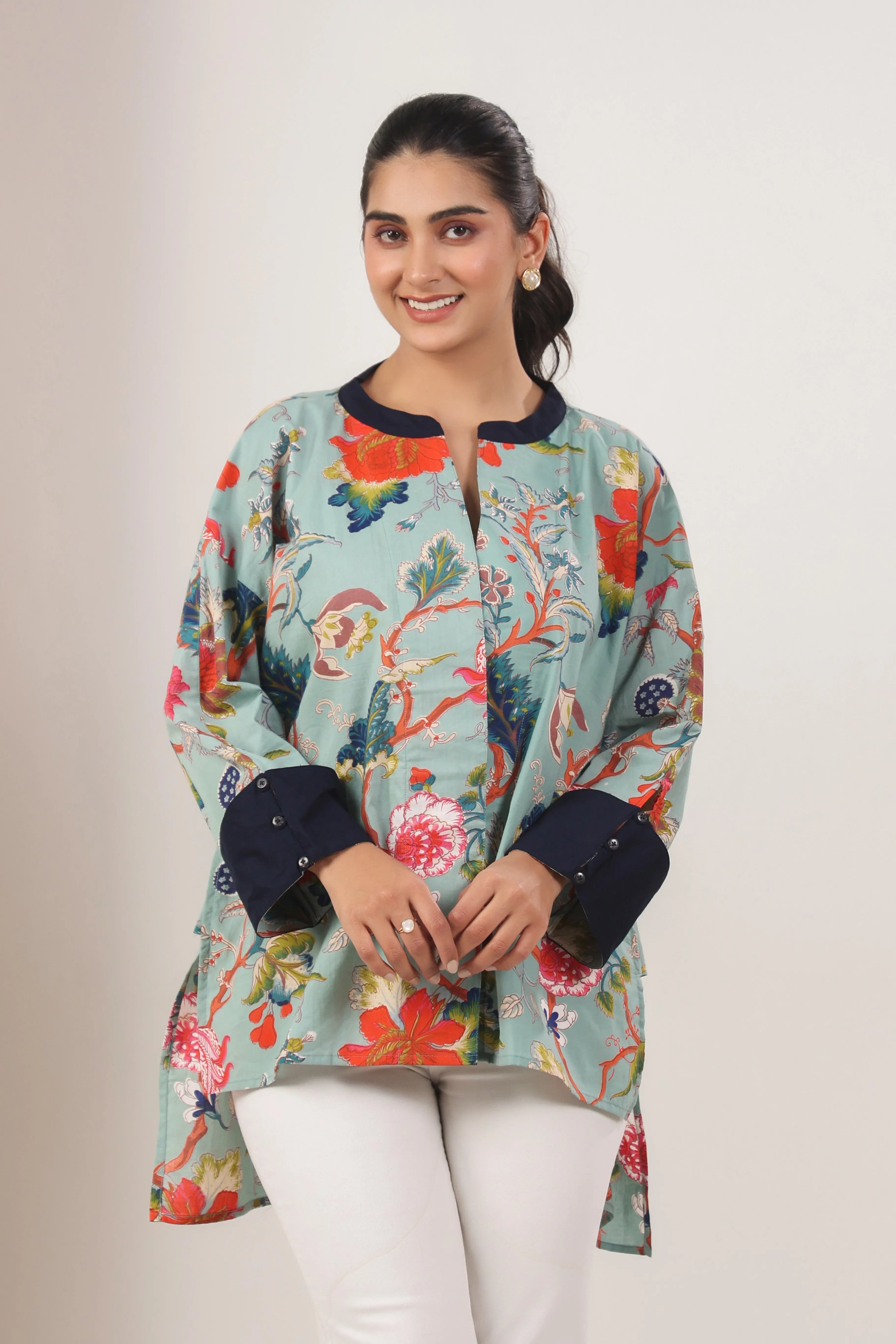 Teal Blue Floral Print Antifit Shirt - Visramaa