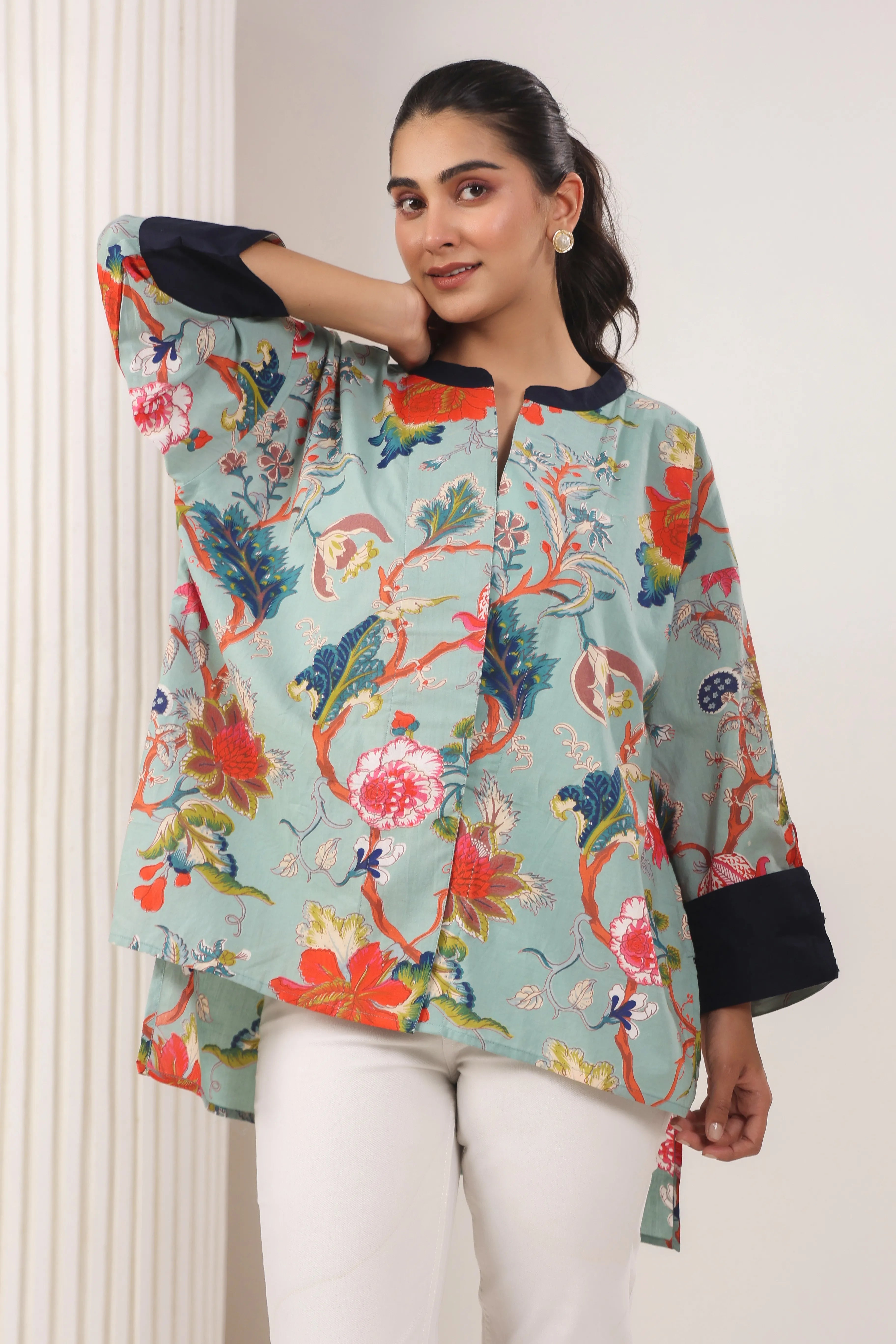 Teal Blue Floral Print Antifit Shirt - Visramaa