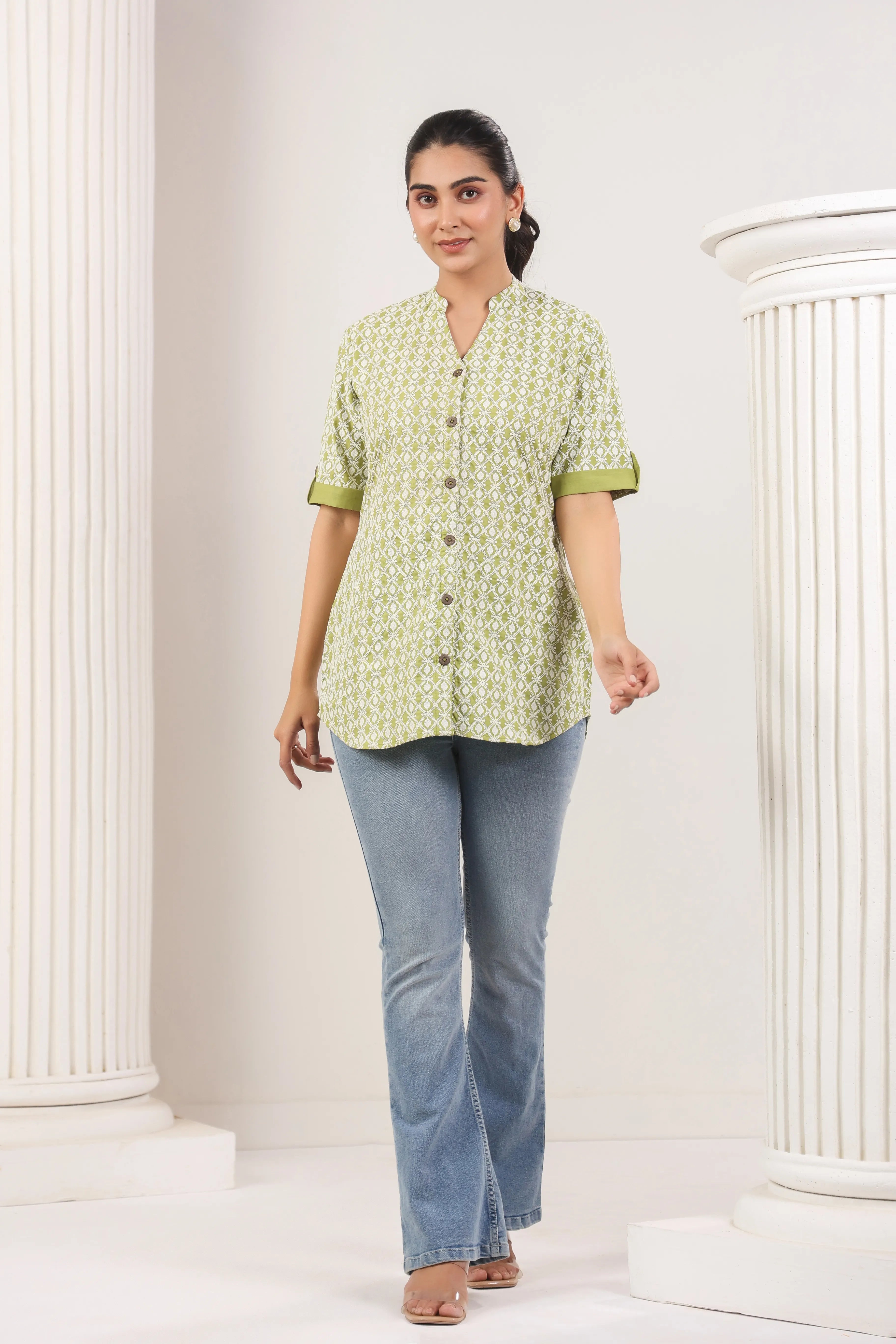 Sage Green Lakhnari Fitted Shirt - Visramaa