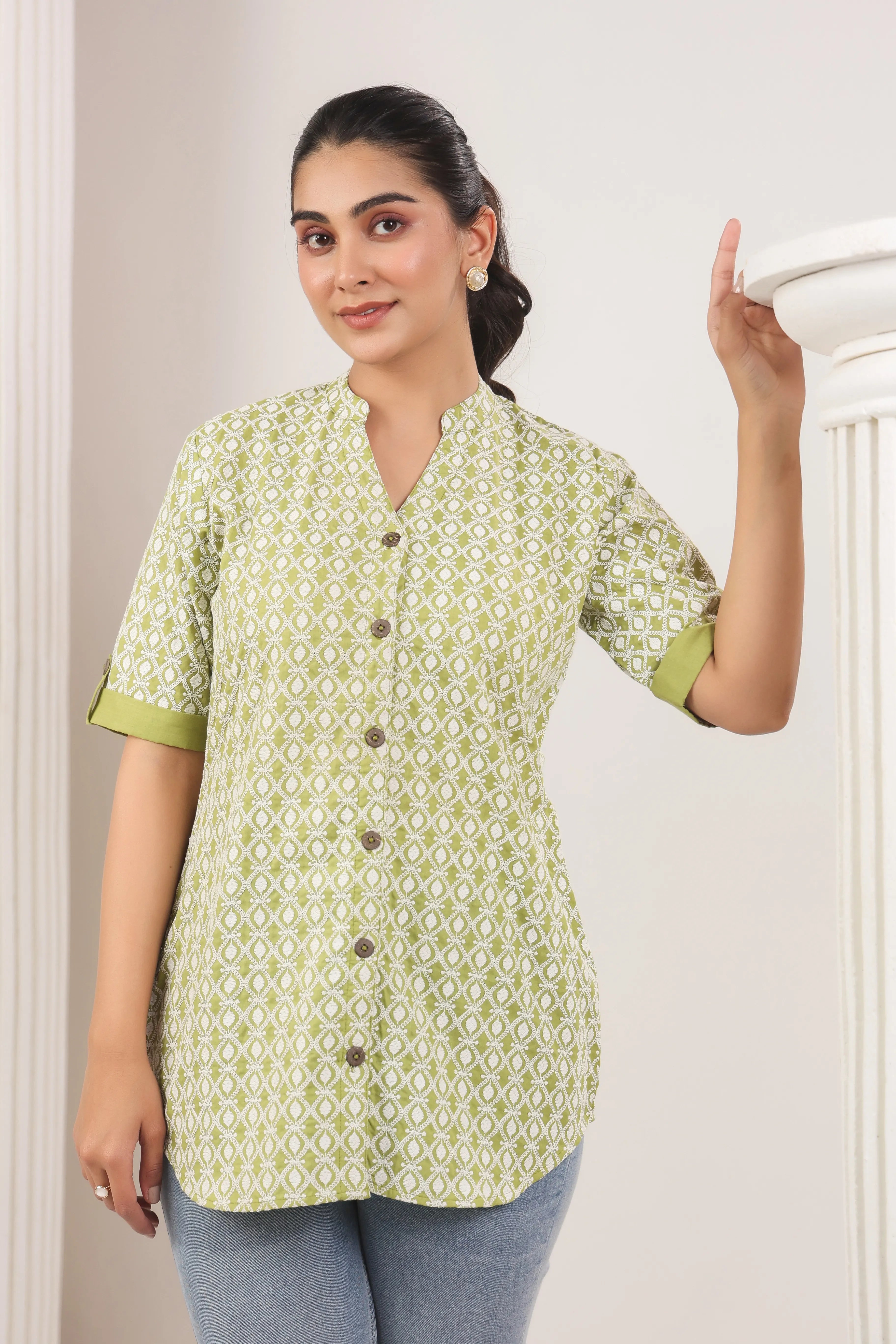 Sage Green Lakhnari Fitted Shirt - Visramaa