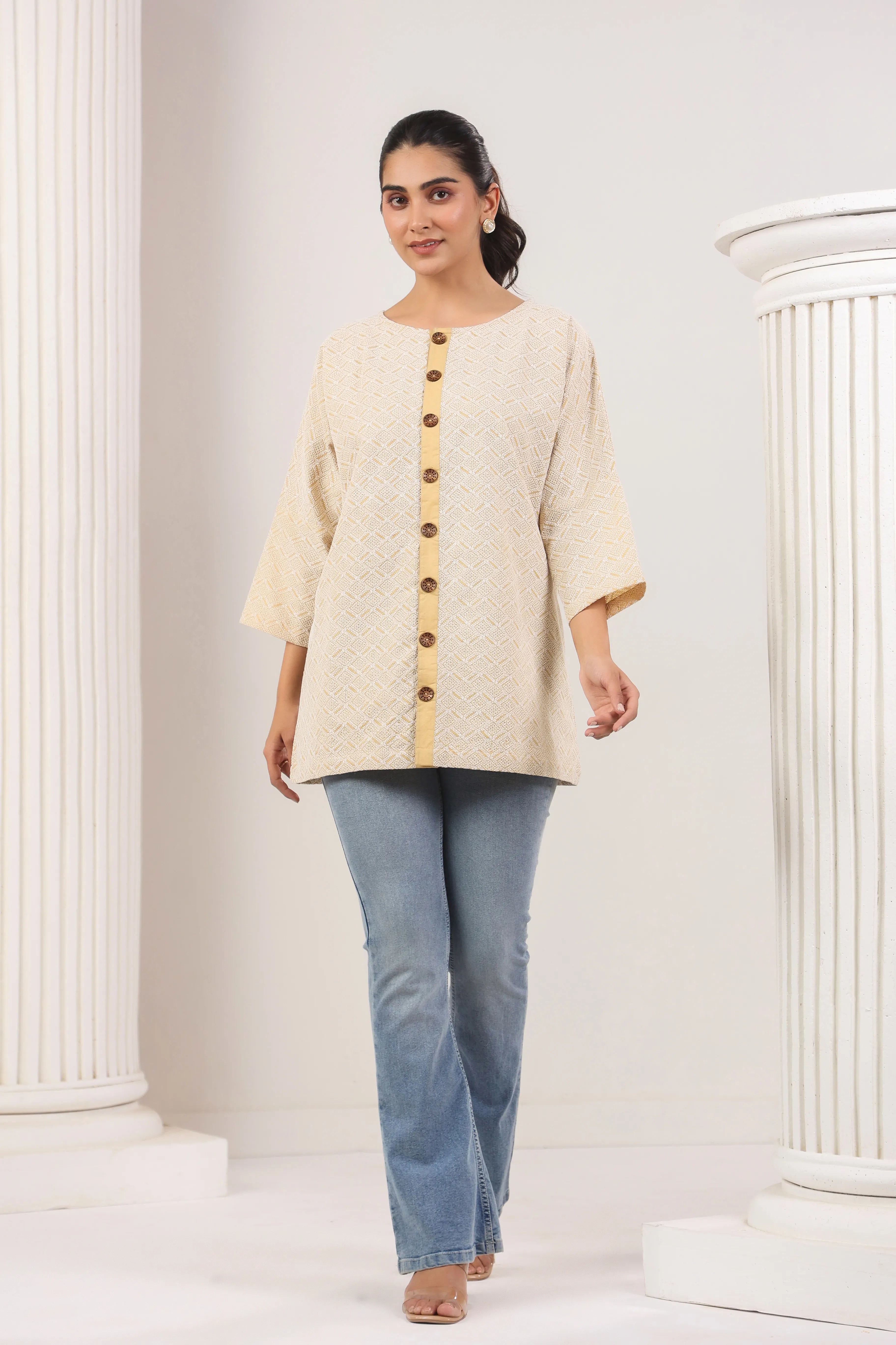 Beige Embroidered Straight Fit Shirt - Visramaa