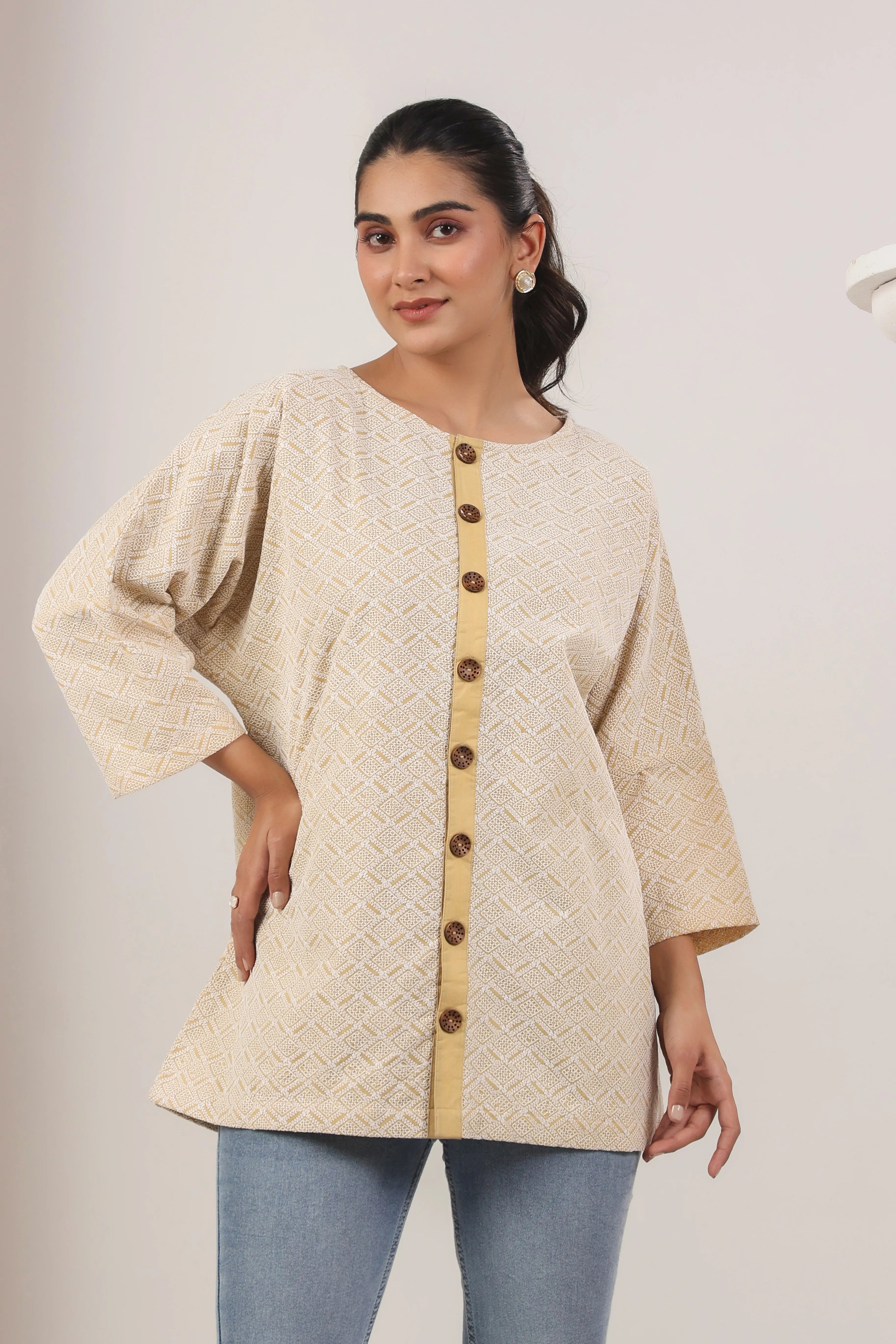 Beige Embroidered Straight Fit Shirt - Visramaa