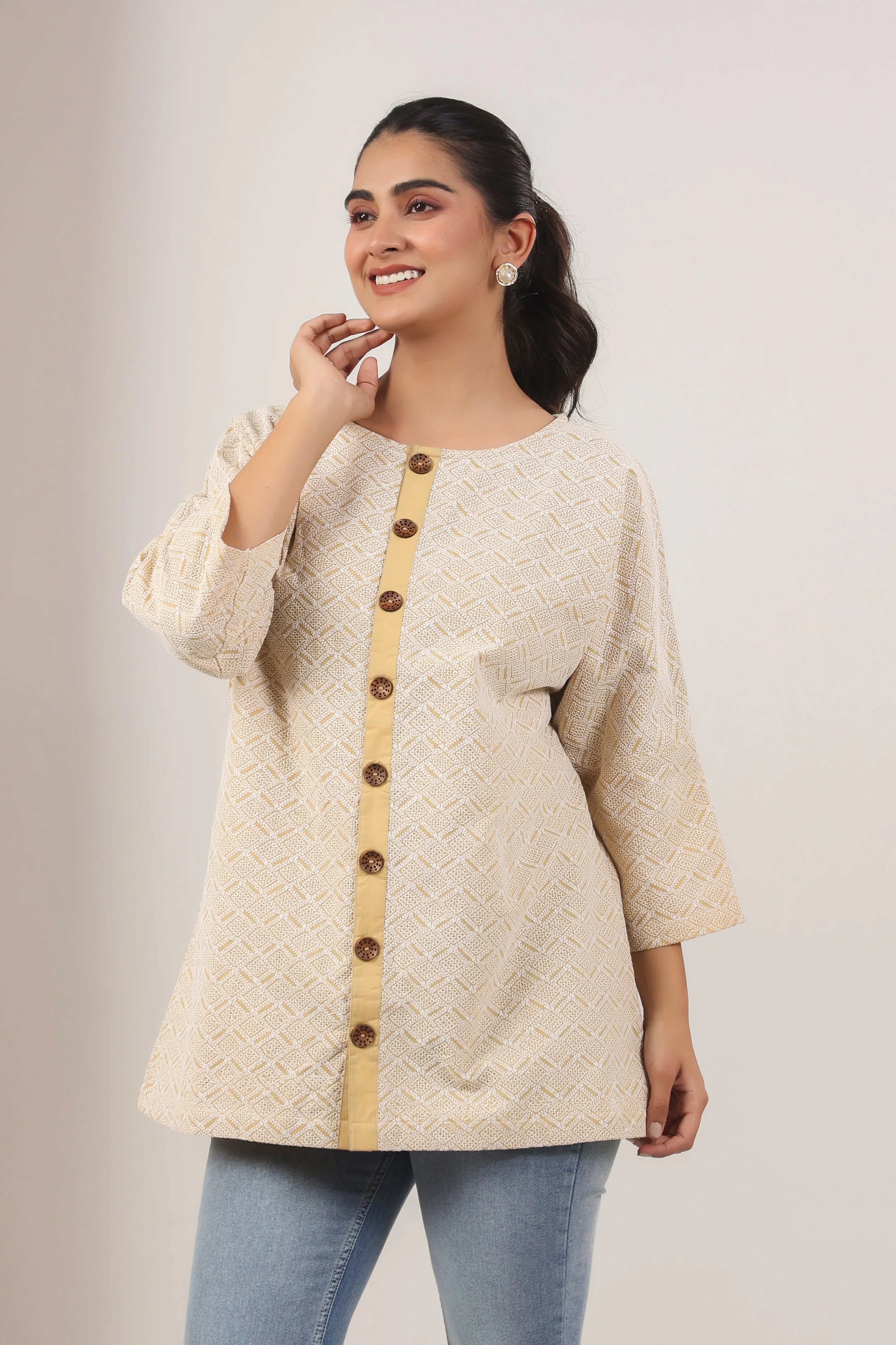 Beige Embroidered Straight Fit Shirt - Visramaa