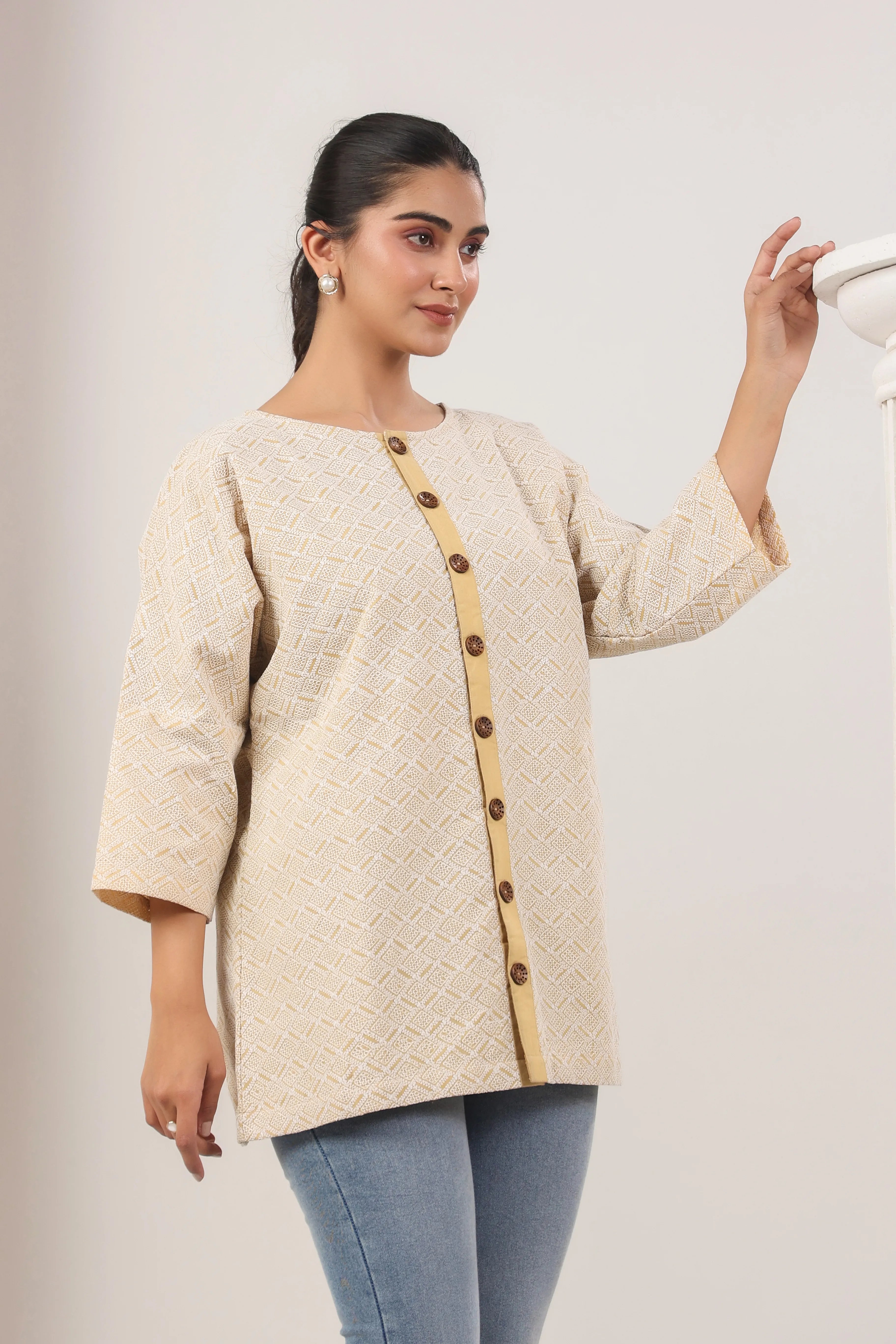 Beige Embroidered Straight Fit Shirt - Visramaa