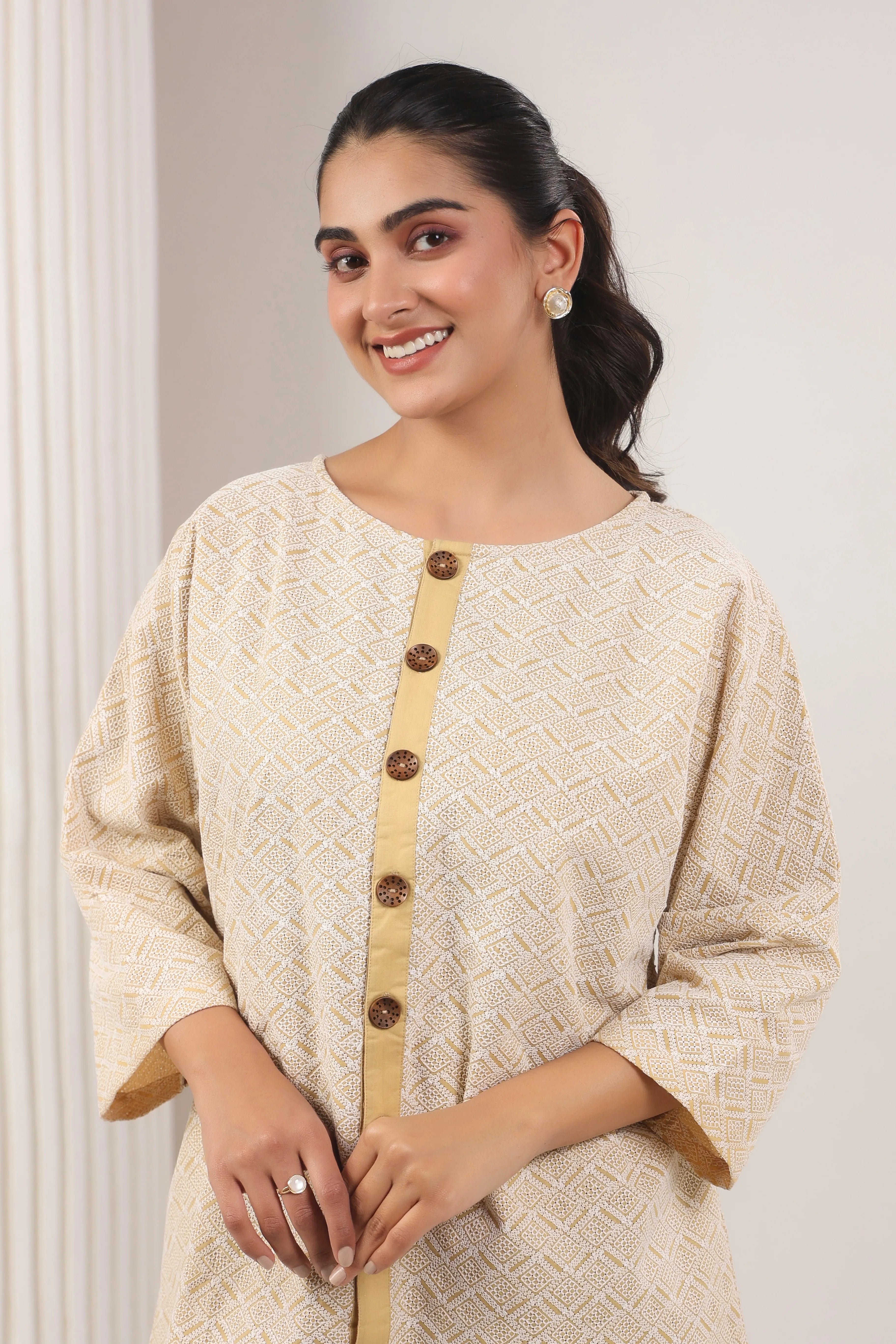 Beige Embroidered Straight Fit Shirt - Visramaa