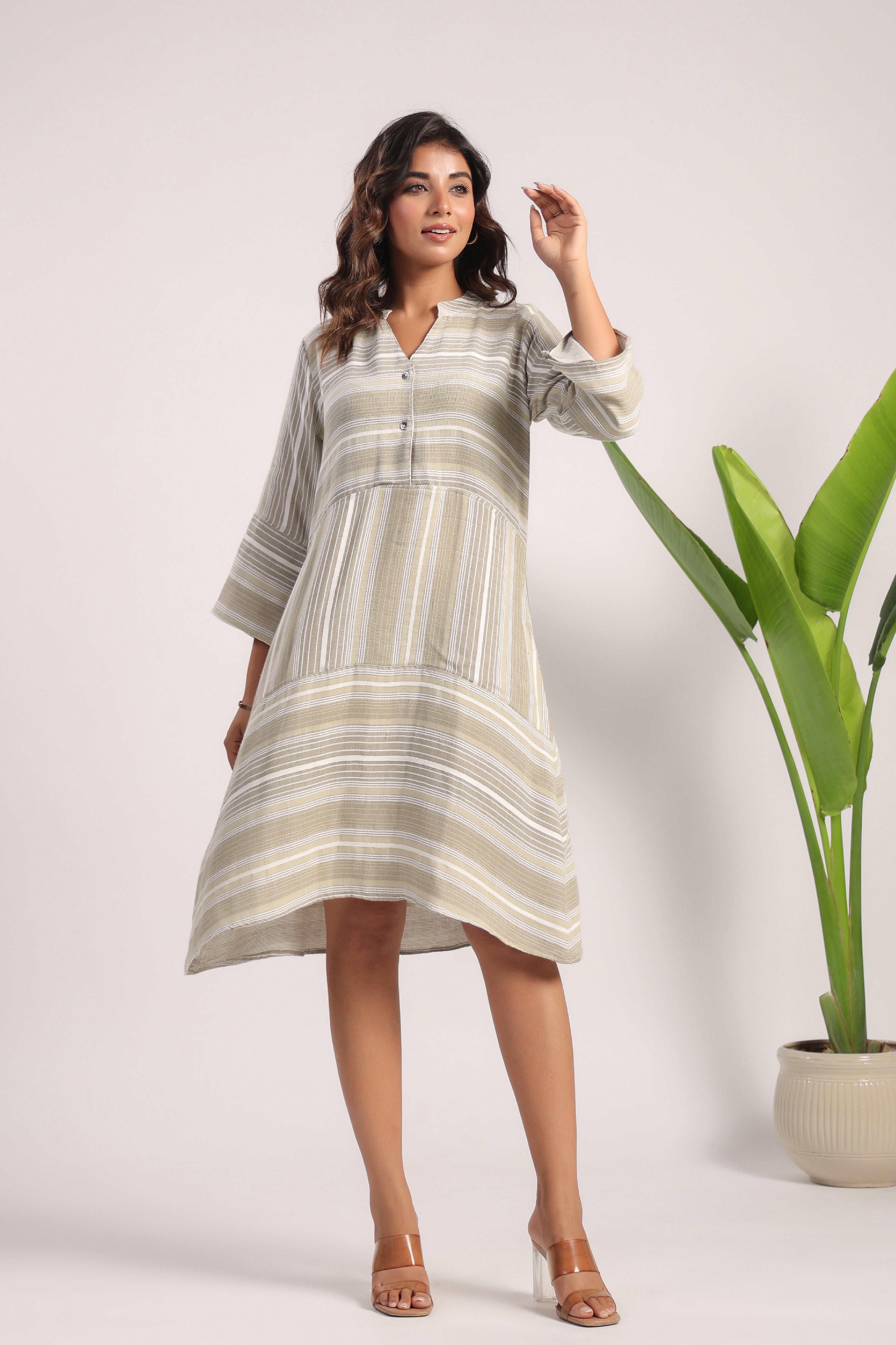 Beige green soft linen dress