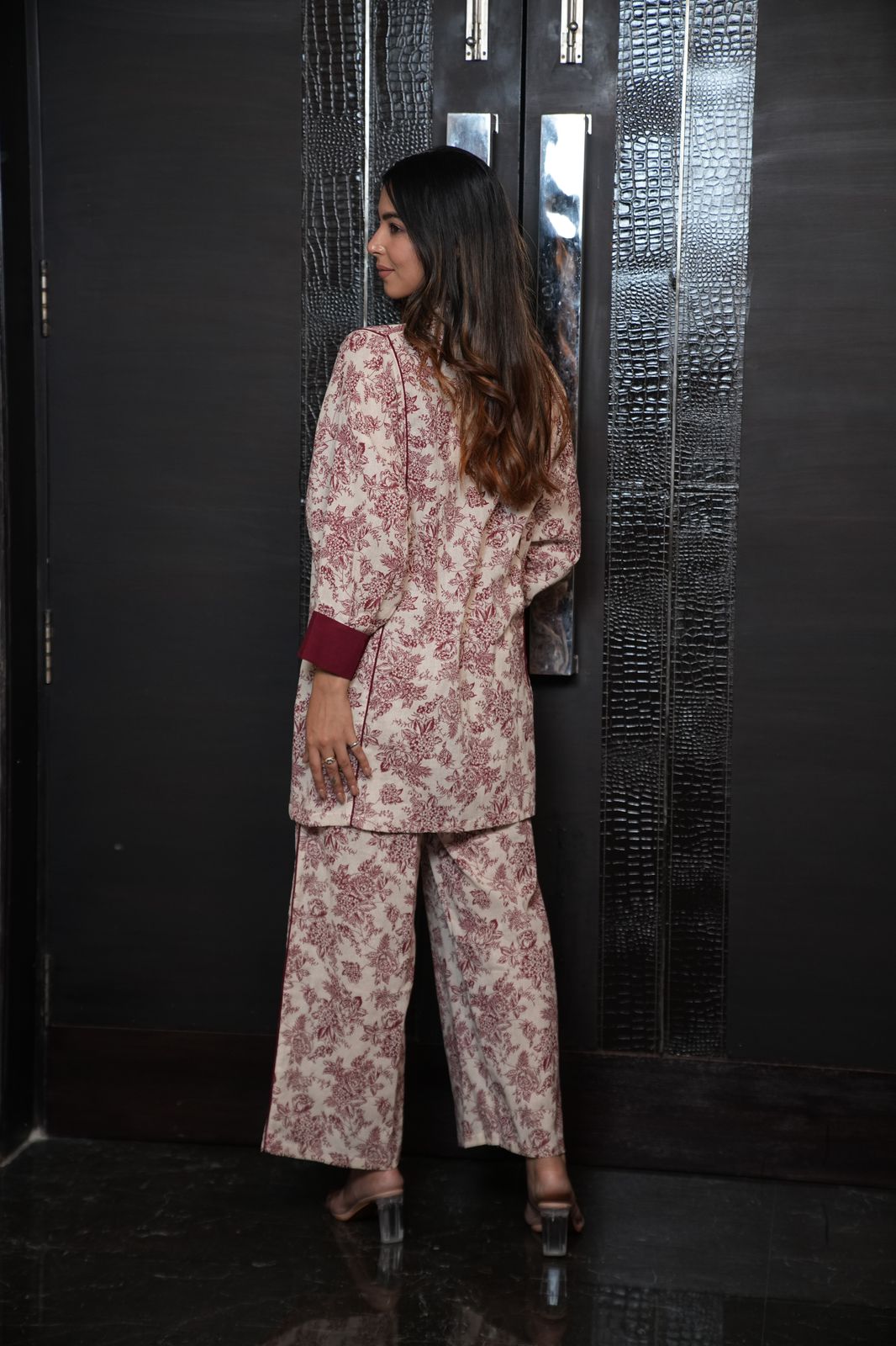 Maroon floral Anti fit linen set